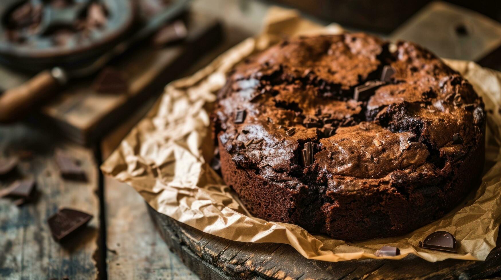 ai generato fatti in casa cioccolato torta su cottura al forno carta, rustico stile foto