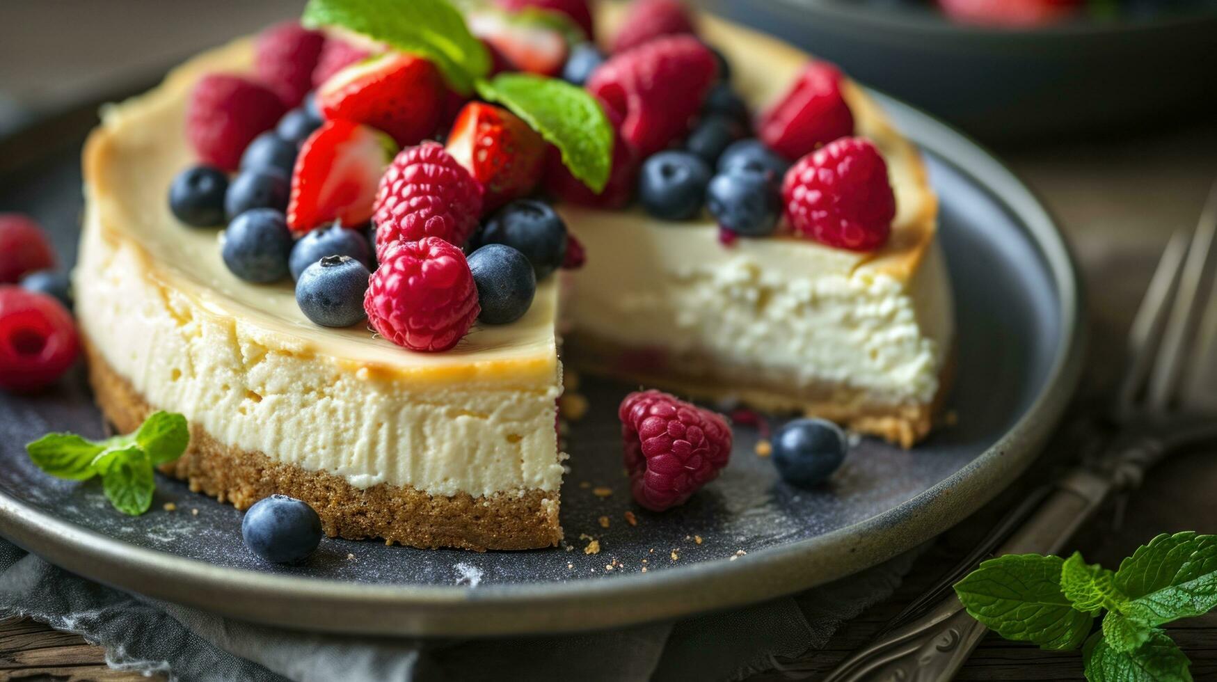 ai generato fatti in casa torta di formaggio con fresco frutti di bosco e menta per dolce foto