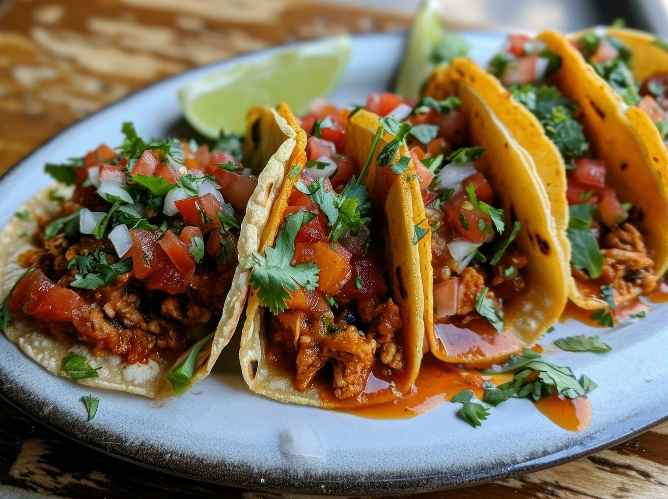 ai generato sei tacos sormontato con salsa su un' piatto foto