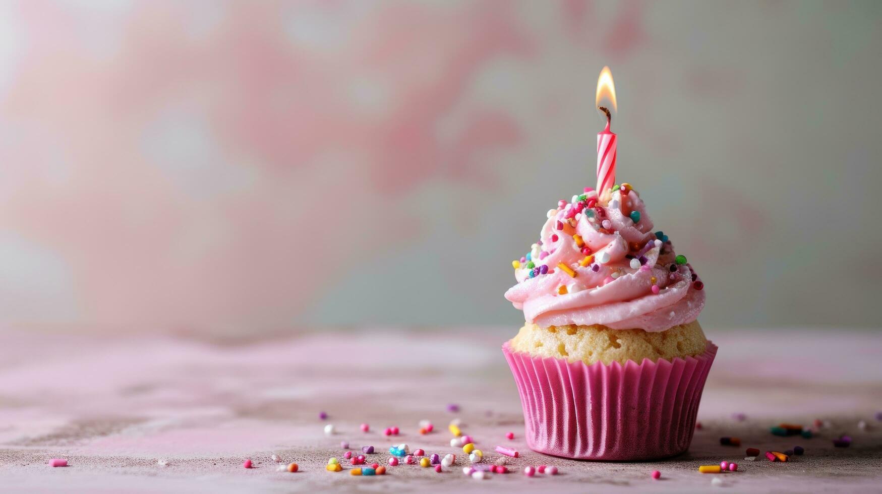 ai generato rosa infantile compleanno Cupcake con candela su minimalista sfondo foto