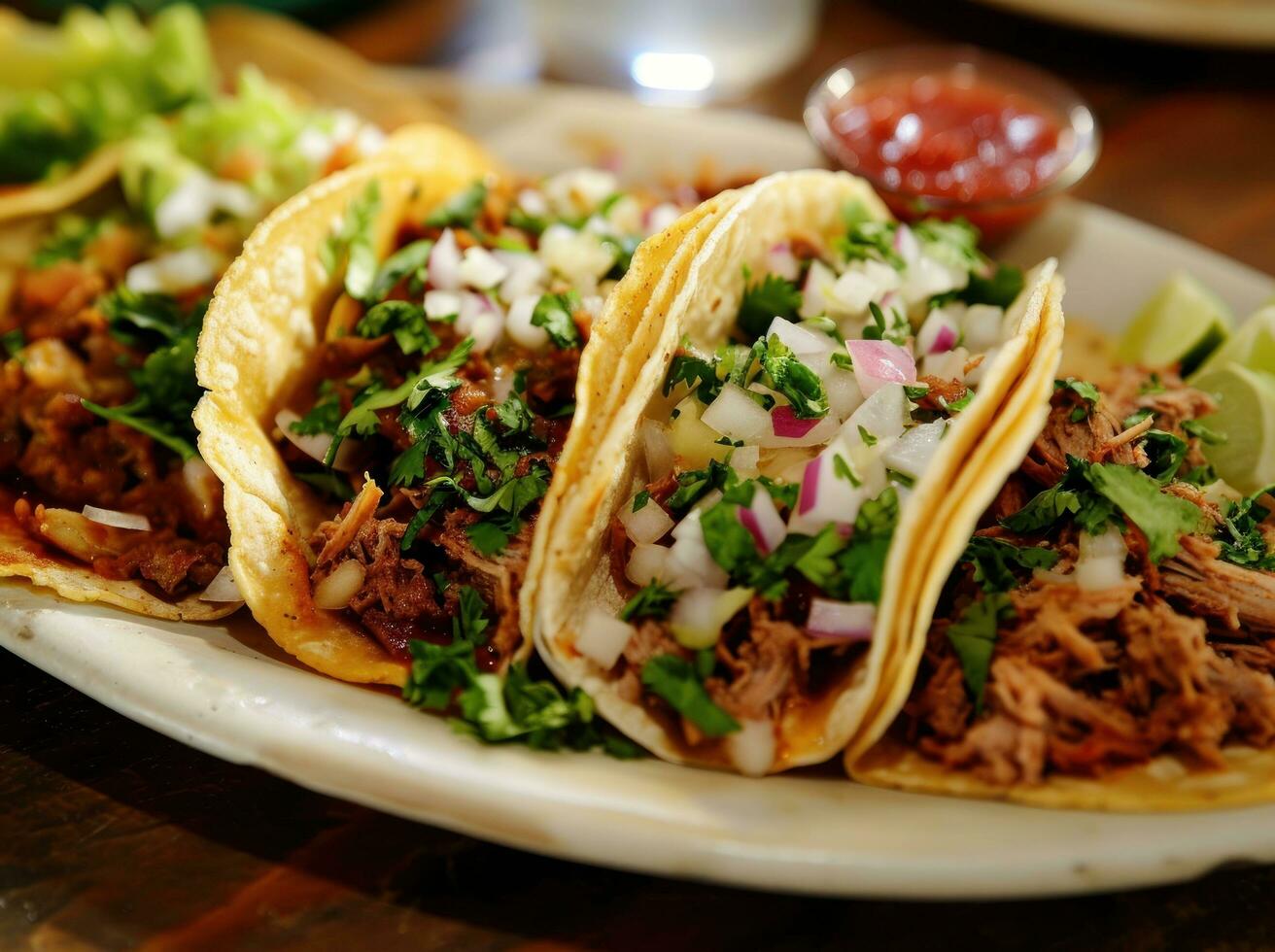 ai generato tre tacos siamo servito su un' bianca tavolo foto