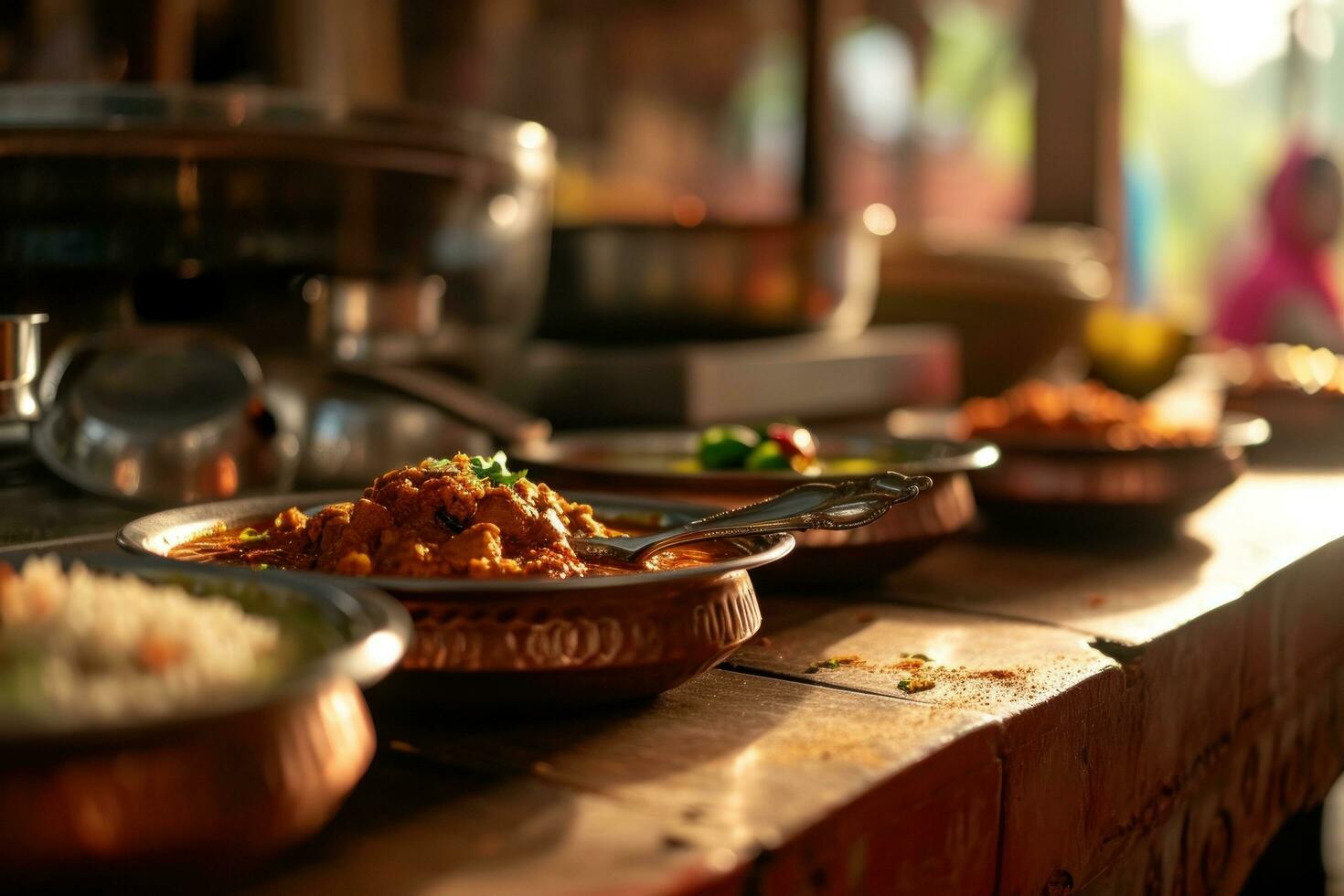 ai generato servendo indiano cucina menù con cucchiai su di legno tavolo superiore foto