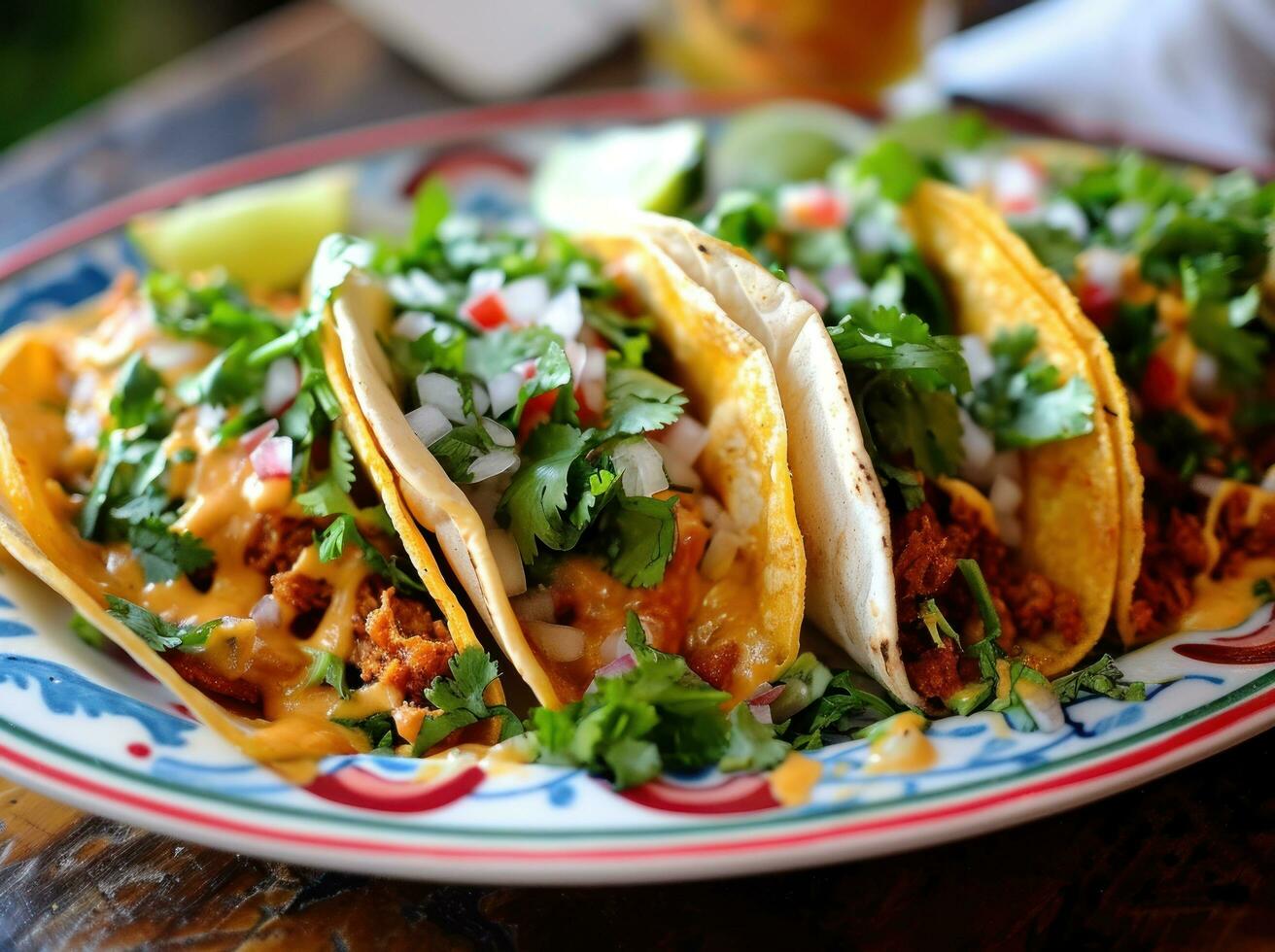 ai generato sei tacos sormontato con salsa su un' piatto foto