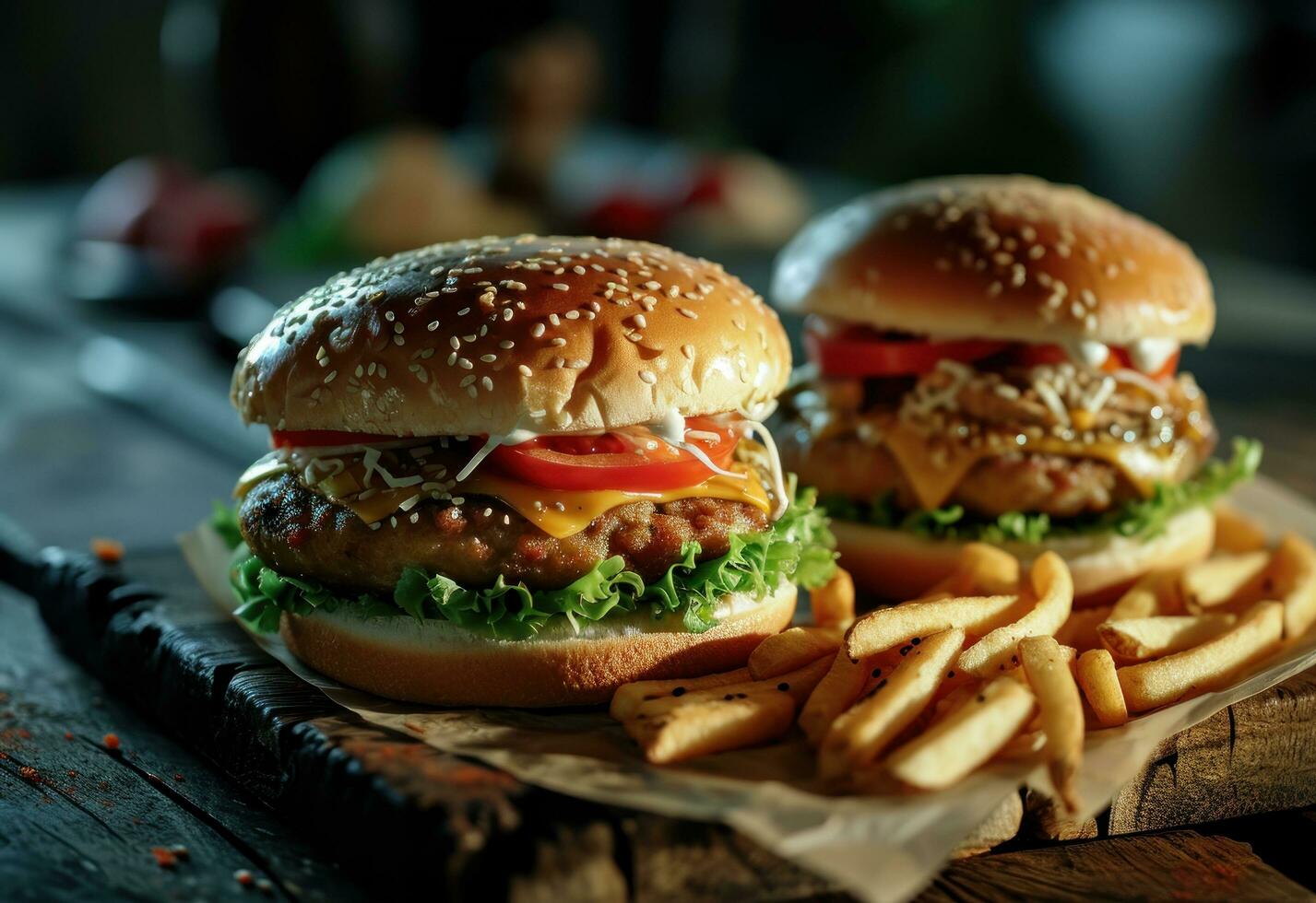 ai generato Due hamburger e patatine fritte su un' di legno pavimento foto