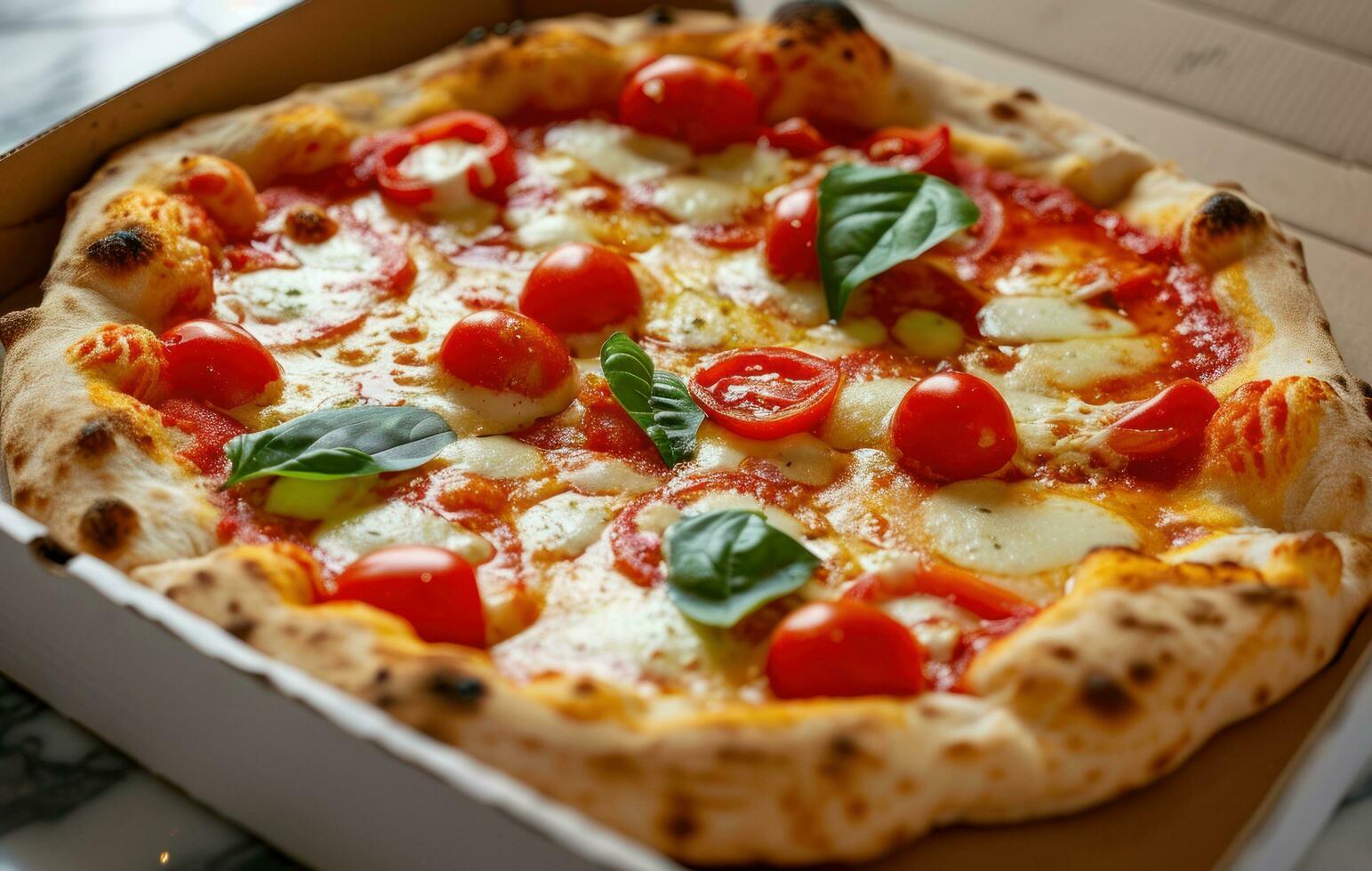 ai generato pomodoro e formaggio Pizza su un' bianca Pizza scatola foto