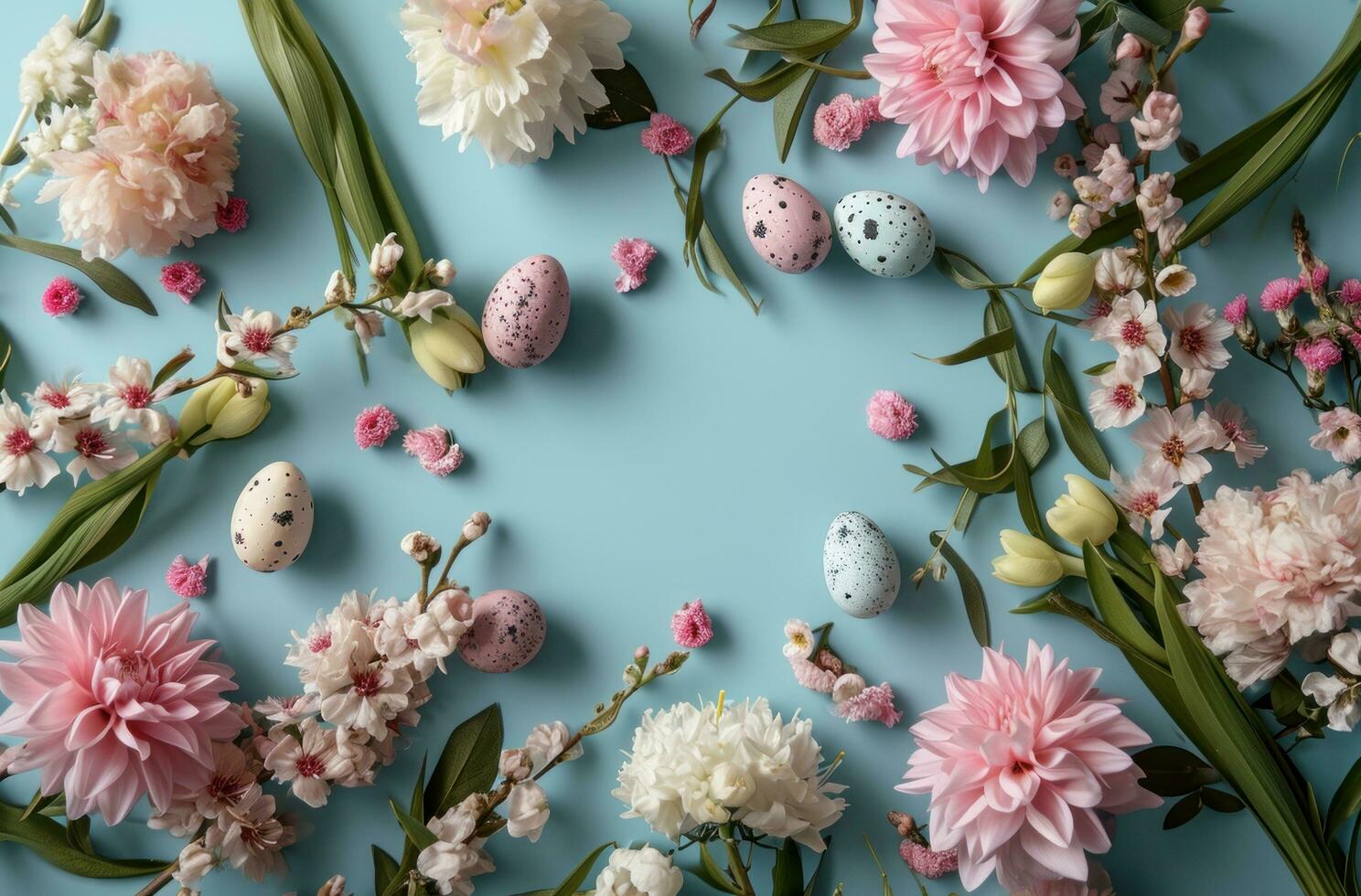 ai generato un' carta piazza circondato di fiori e Pasqua uova su blu foto