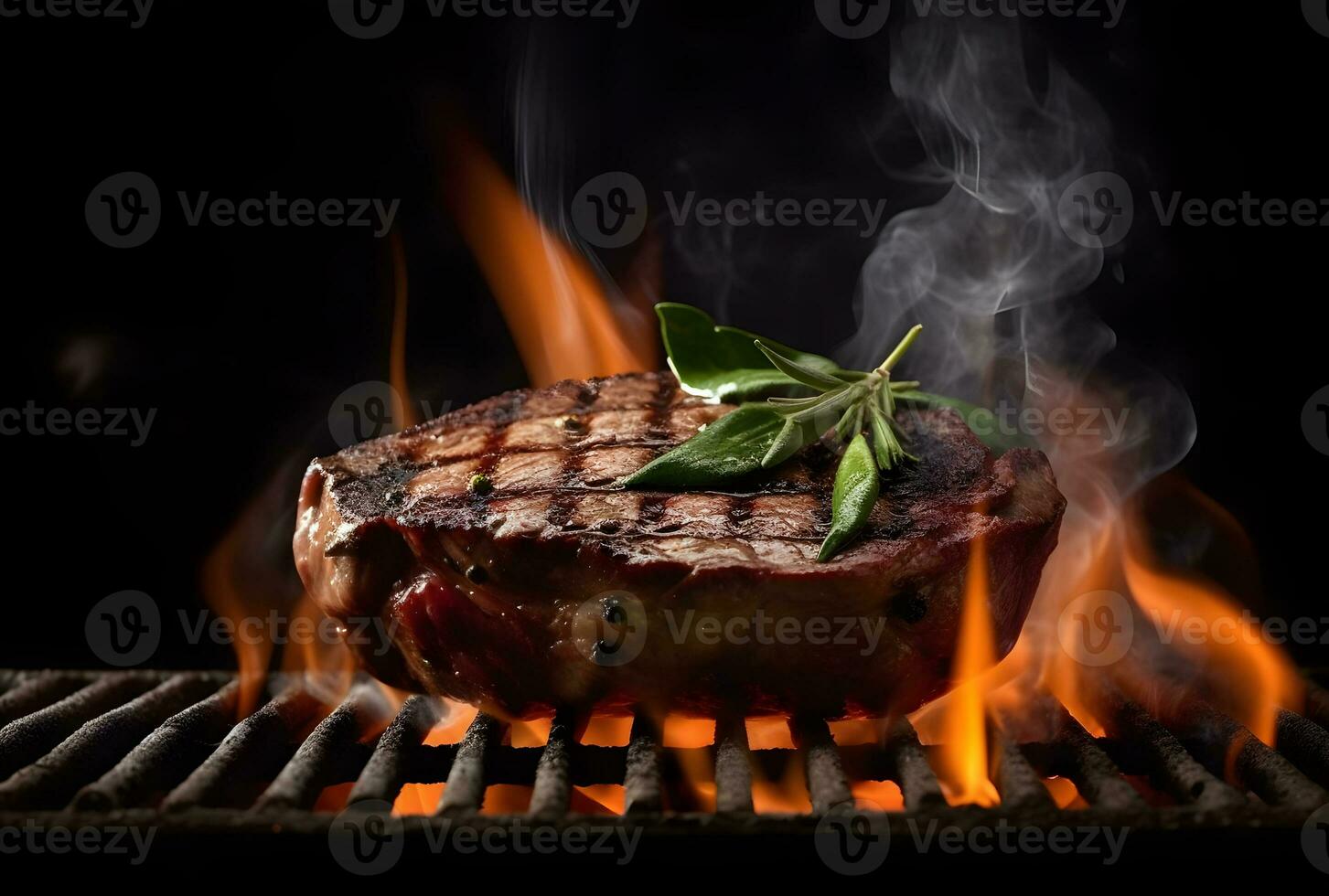 ai generato barbecue asciutto anziano wagyu porterhouse Manzo bistecca grigliato come avvicinamento su un' carbone griglia con fuoco e Fumo foto