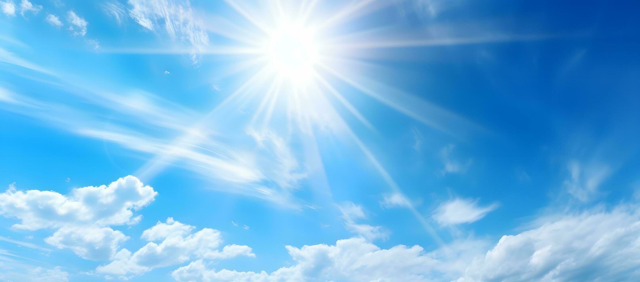 ai generato raggi di il sole a partire dal dietro a il nuvole nel il blu cielo foto