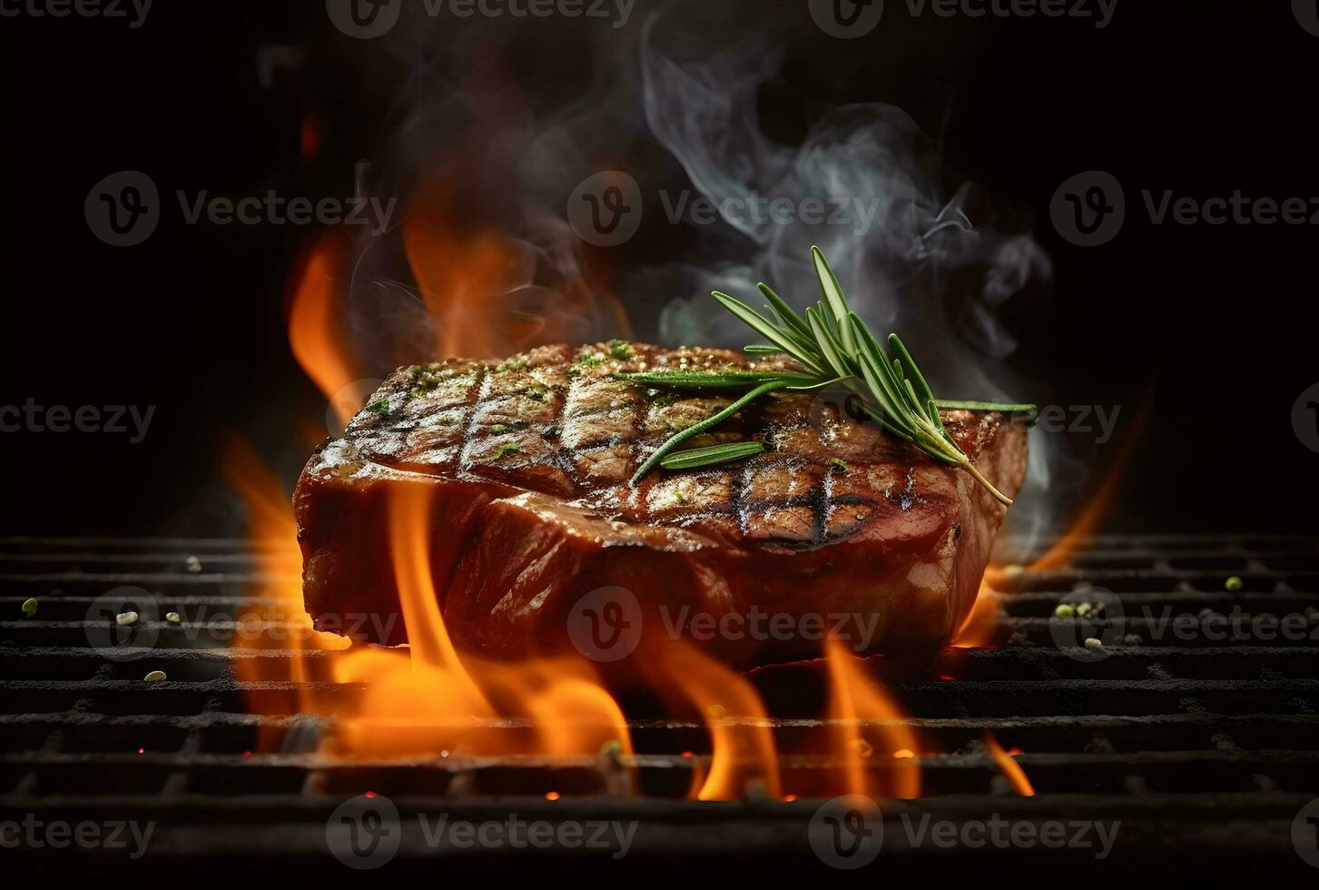 ai generato barbecue asciutto anziano wagyu porterhouse Manzo bistecca grigliato come avvicinamento su un' carbone griglia con fuoco e Fumo foto