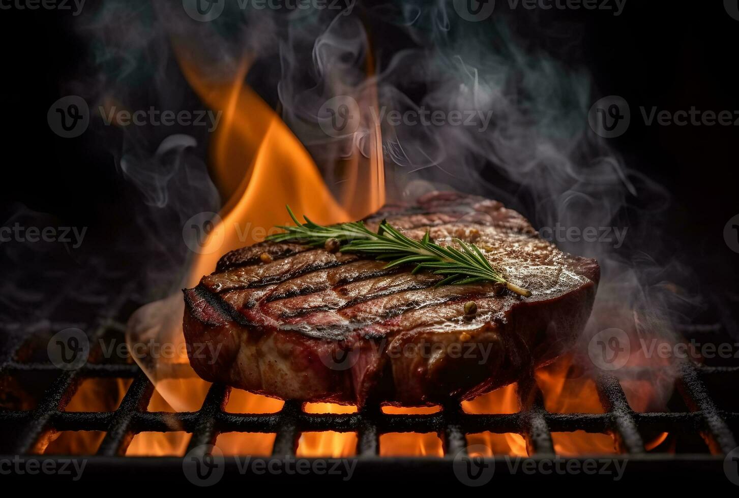 ai generato barbecue asciutto anziano wagyu porterhouse Manzo bistecca grigliato come avvicinamento su un' carbone griglia con fuoco e Fumo foto