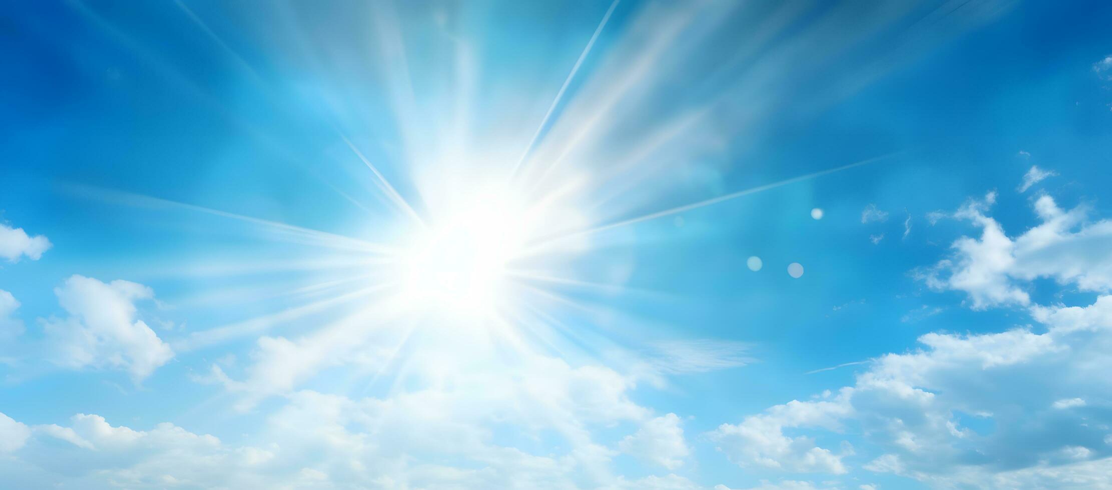 ai generato raggi di il sole a partire dal dietro a il nuvole nel il blu cielo foto