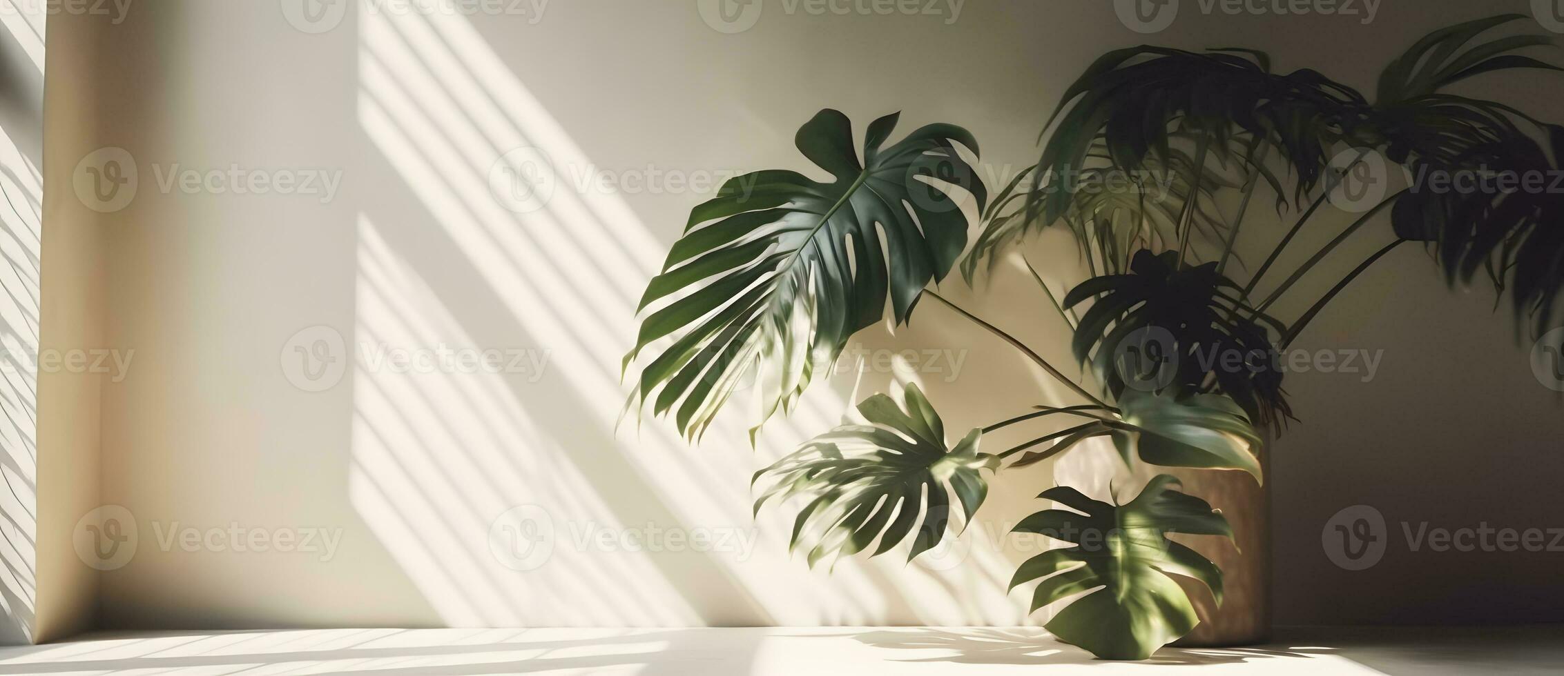 ai generato Monstera foglia su beige pastello parete con finestra leggero ombre, 3d interpretazione cosmetico Prodotto Schermo modello foto