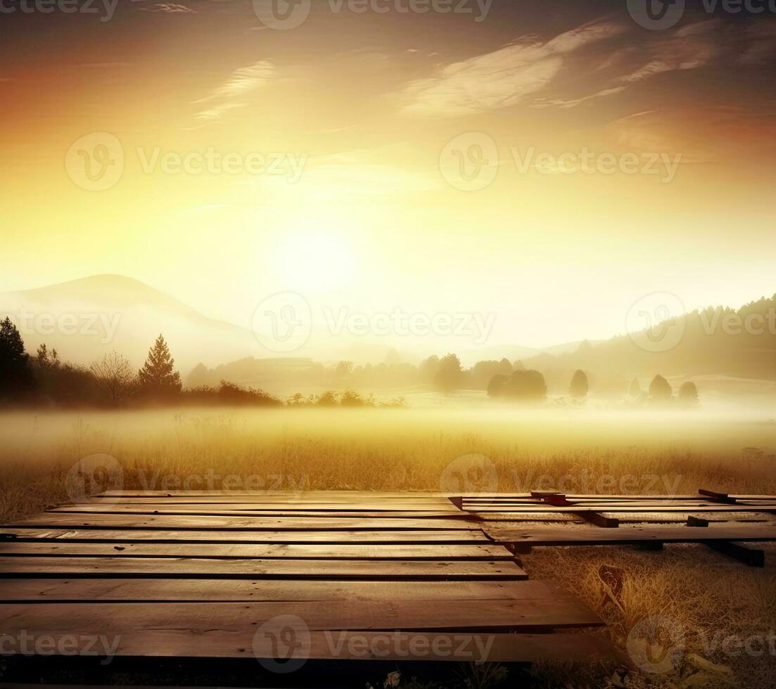 ai generato vuoto Vintage ▾ tavolo per Prodotto Schermo montaggio con d'oro Alba al di sopra di nebbioso colline foto