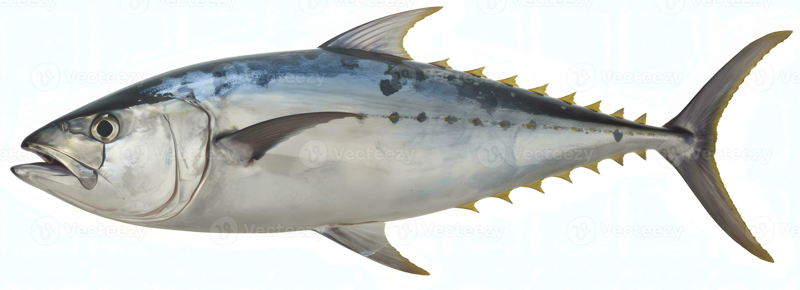 ai generato fresco tonno pesce su bianca sfondo foto