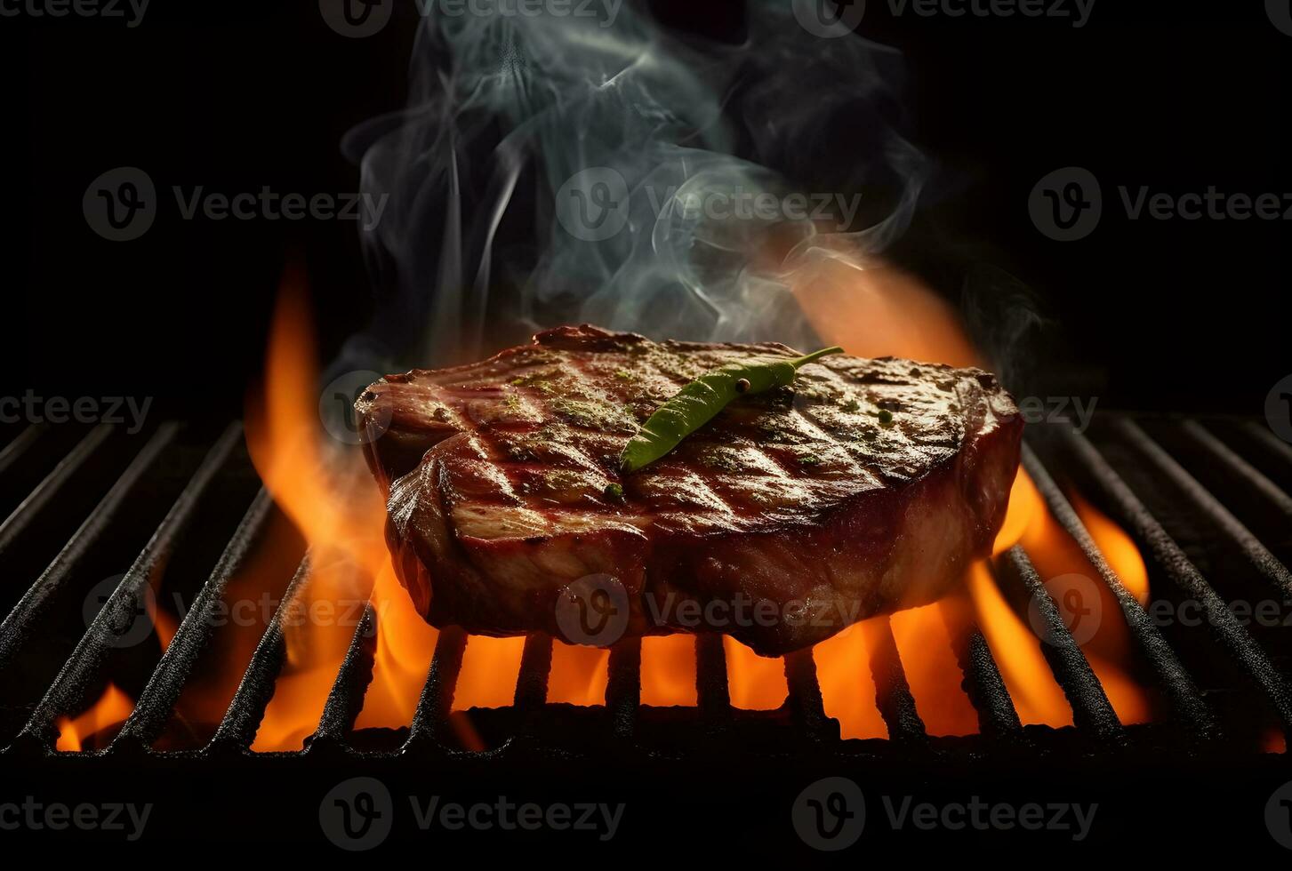 ai generato barbecue asciutto anziano wagyu porterhouse Manzo bistecca grigliato come avvicinamento su un' carbone griglia con fuoco e Fumo foto