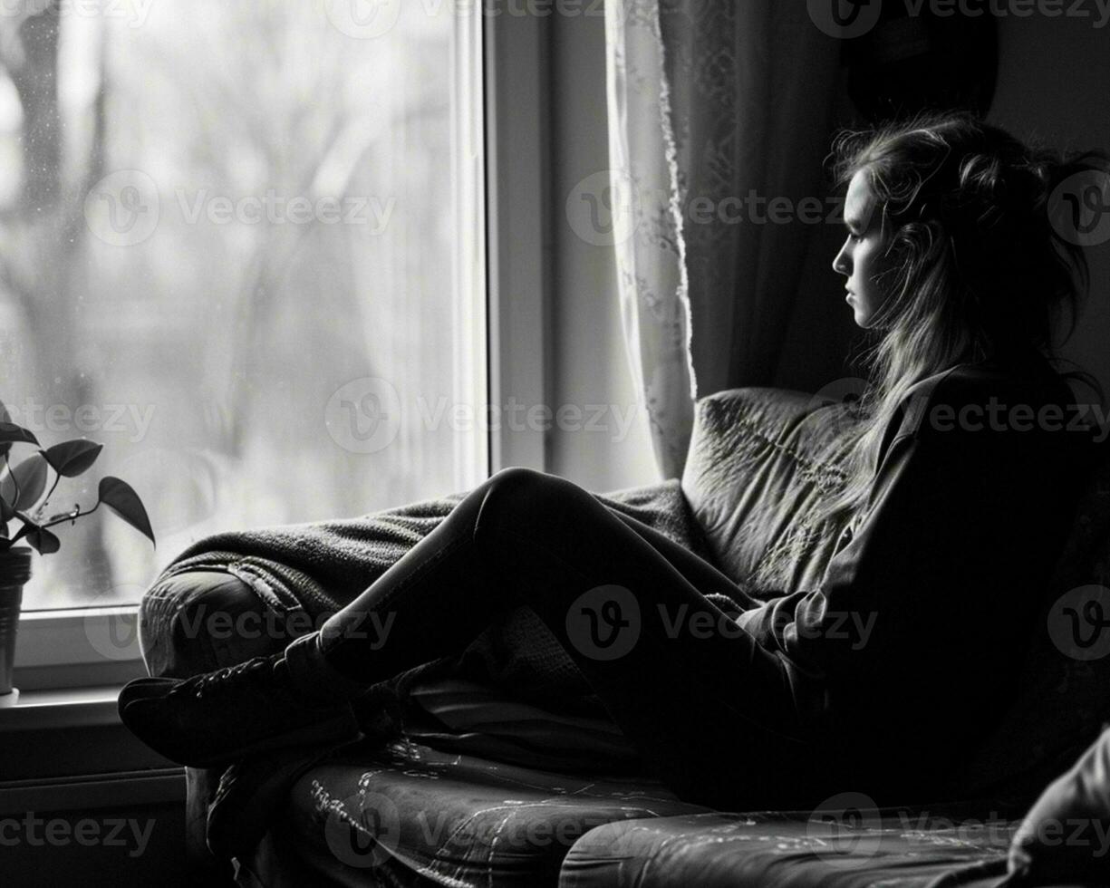 ai generato nel il stile di minimalismo e monocromo, triste ragazza seduta su il divano nel il camera, guardare su il finestra foto