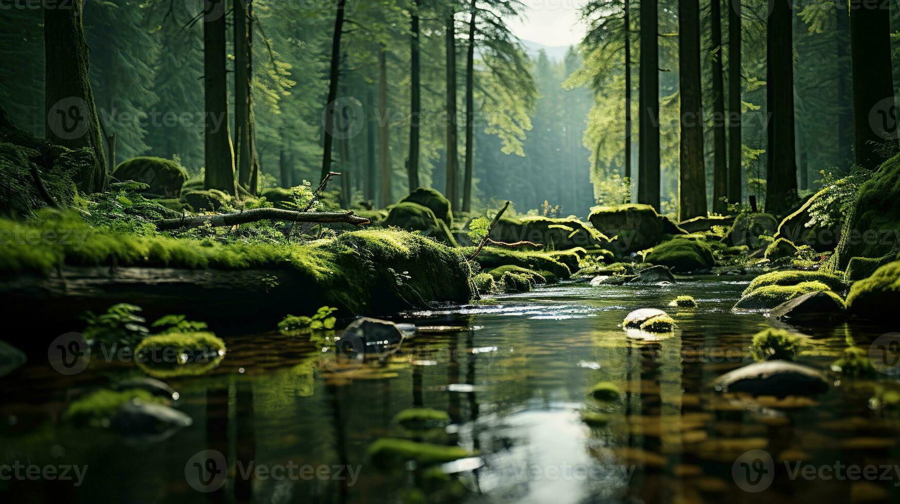 ai generato un' fiume fluente attraverso un' foresta. creato con generativo ai foto