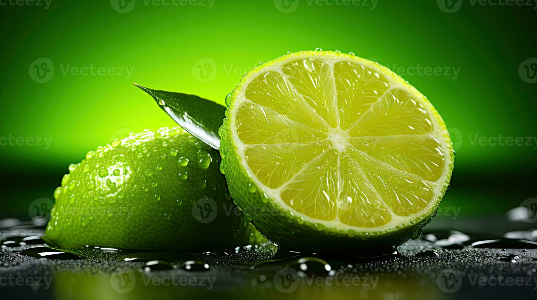 ai generato lime agrume frutta. vicino su tiro di bagnato Limes. creato con generativo ai foto