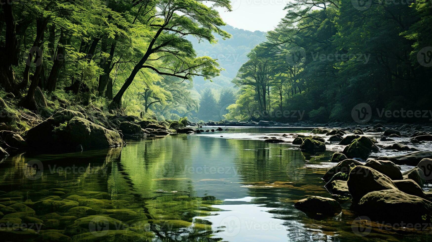 ai generato un' fiume fluente attraverso un' foresta. creato con generativo ai foto