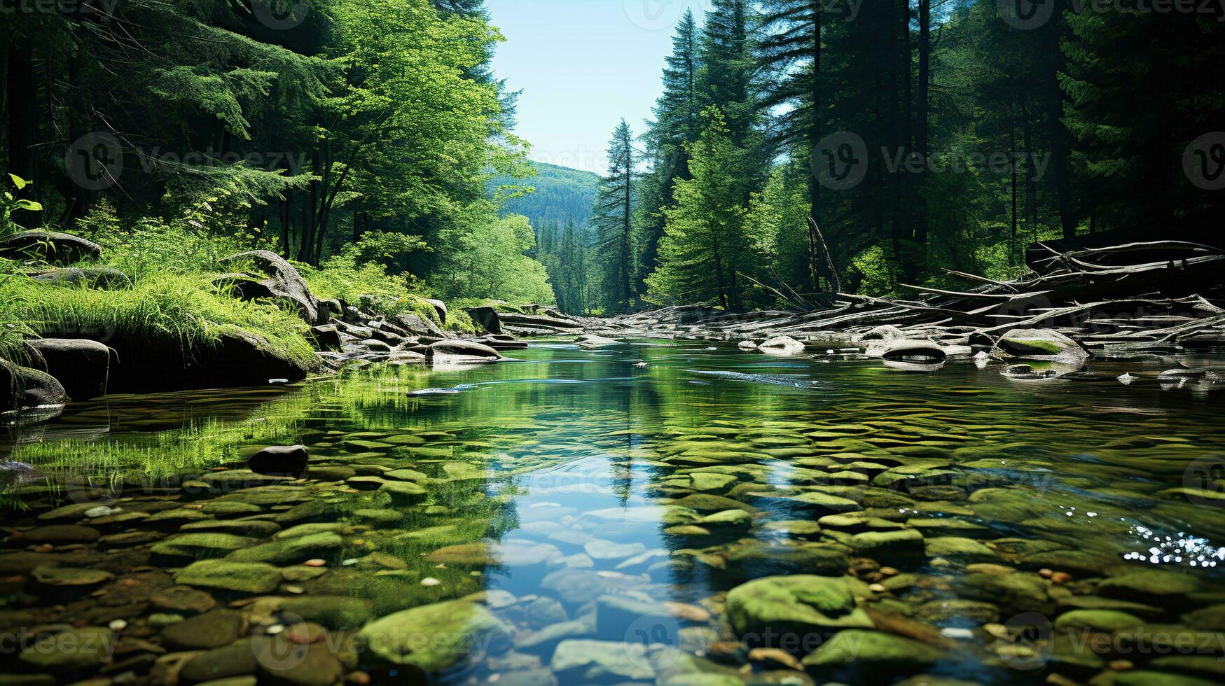 ai generato un' fiume fluente attraverso un' foresta. creato con generativo ai foto