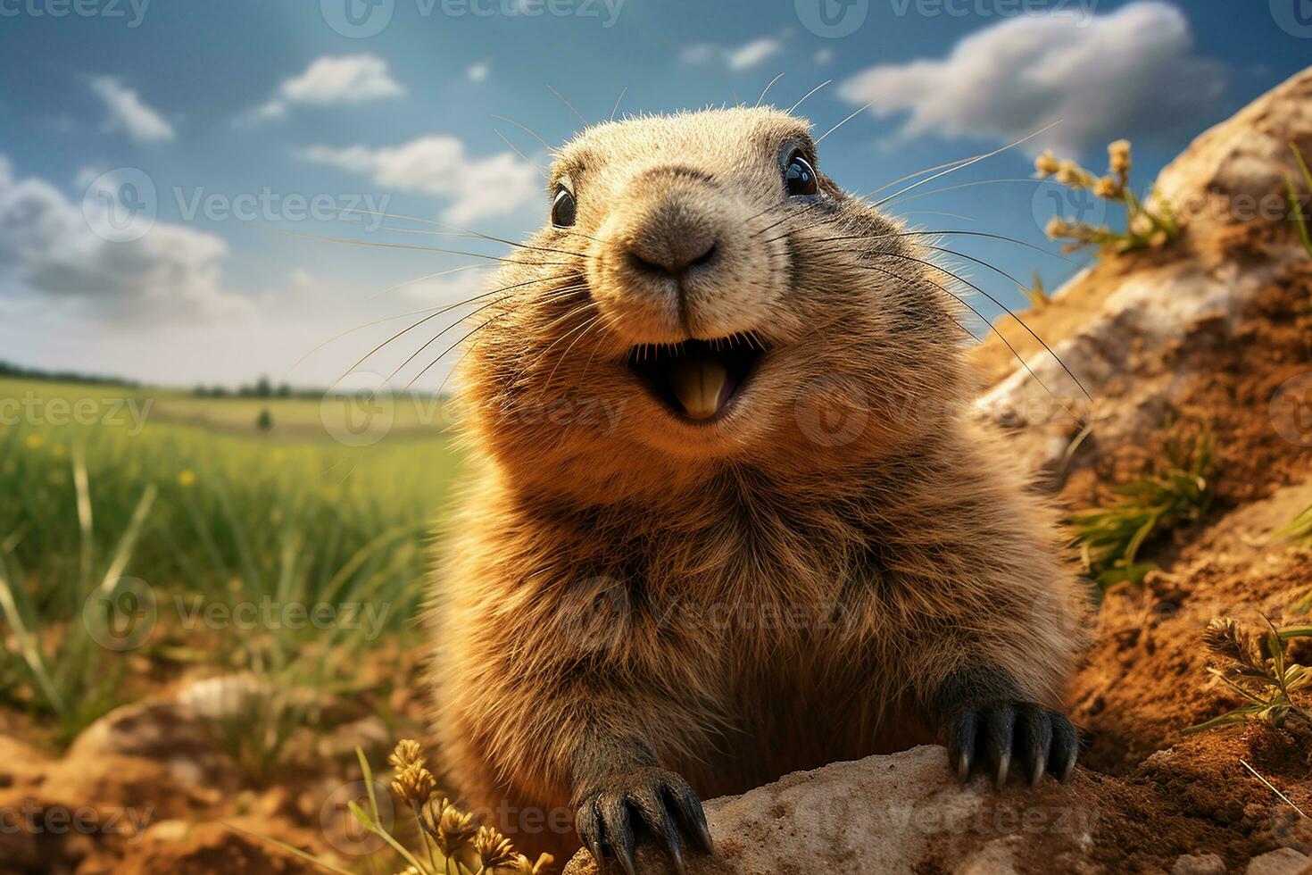 ai generato marmotta marmotta con contento espressione nel il i campi foto