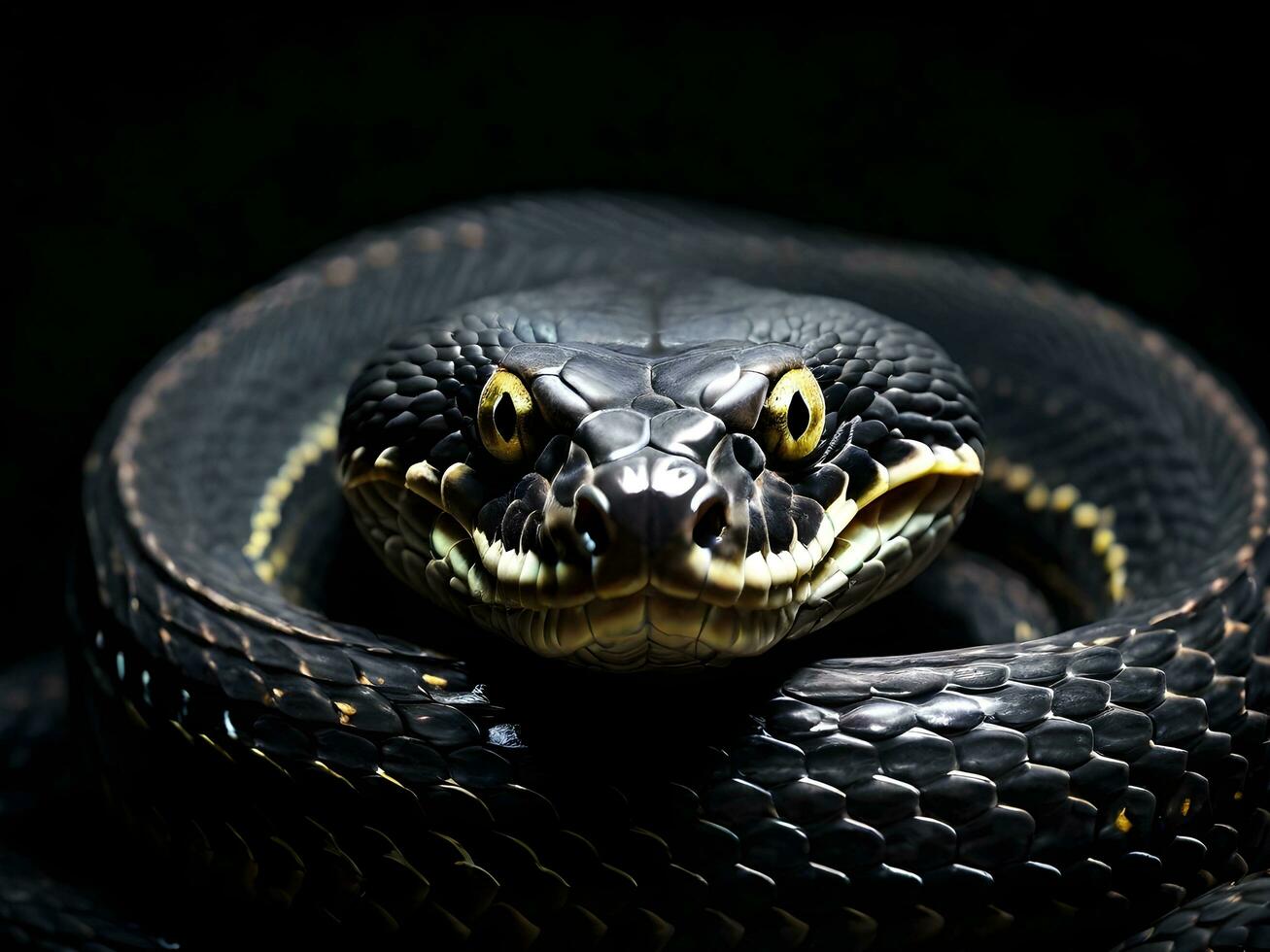 ai generato vicino su dettaglio di nero mamba serpente su buio sfondo foto