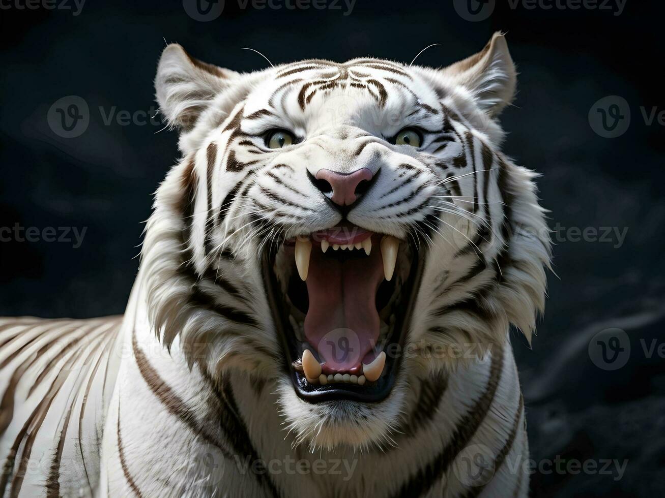 ai generato avvicinamento di un' feroce bianca tigre ruggente contro un' nero sfondo foto