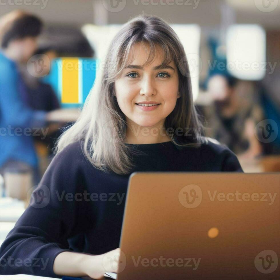 ai generato sorridente donna a computer foto