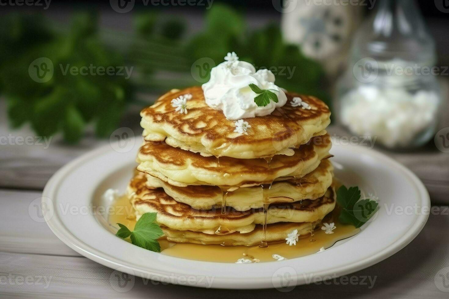 ai generato classico americano Pancakes con acero sciroppo per prima colazione foto