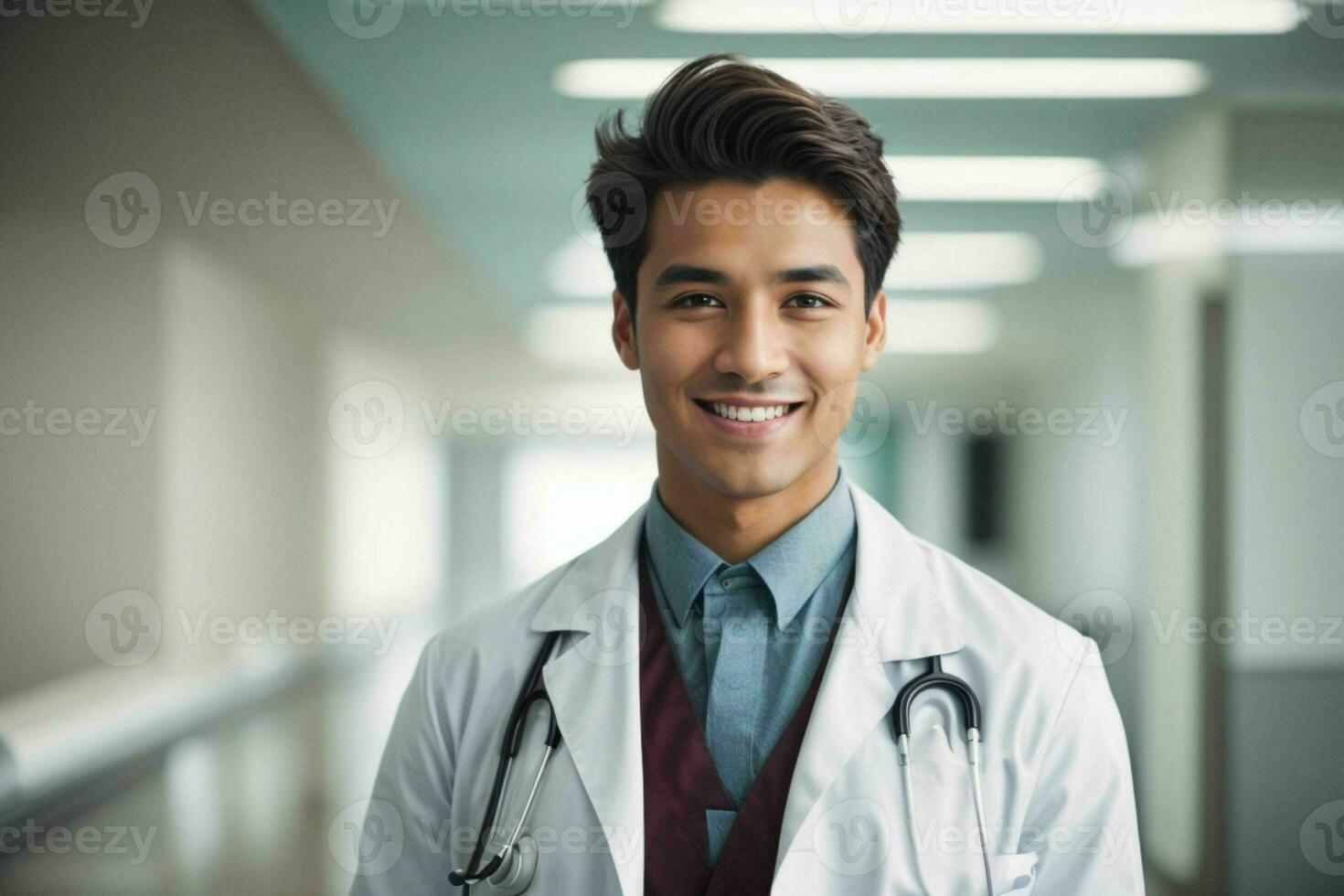 ai generato sorridente giovane maschio medico nel un' bianca cappotto, un' stetoscopio a un' Ospedale. professionista foto