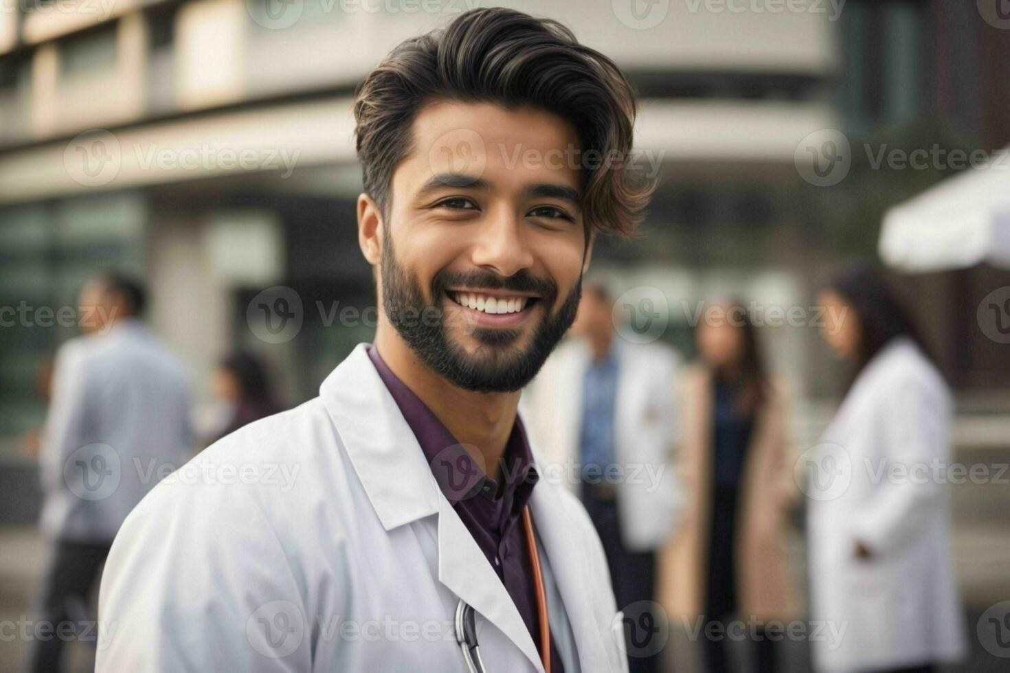 ai generato sorridente giovane maschio medico nel un' bianca cappotto, un' stetoscopio a un' Ospedale. professionista foto