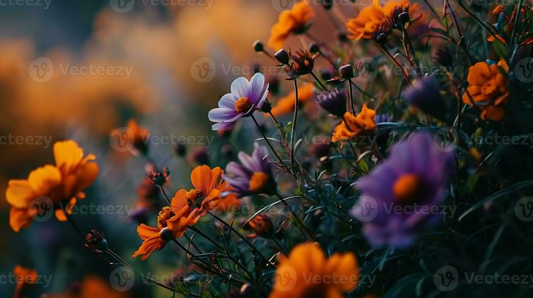 ai generato un' sfocato foto di viola e arancia fiori