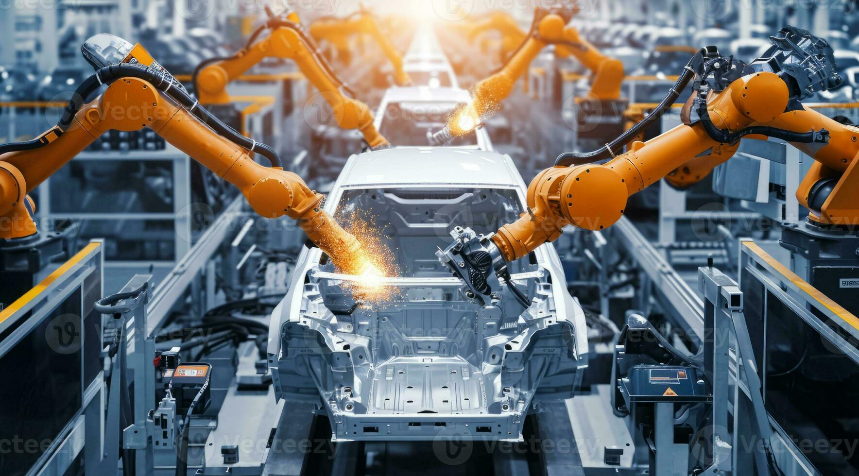 ai generato auto fabbrica trasportatore cintura assemblaggio linea produzione con robot e artificiale intelligenza foto