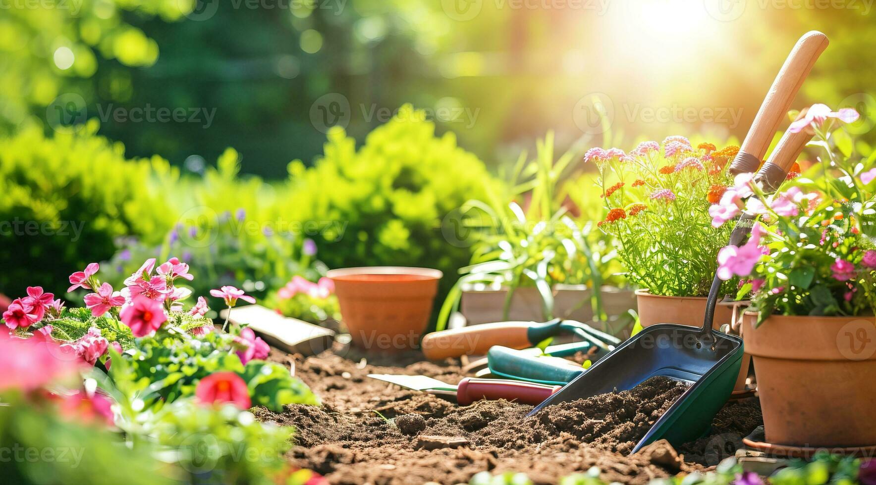 ai generato casa giardinaggio attrezzatura vicino bellissimo prato nel il Casa giardino con utensili e fertilizzanti foto