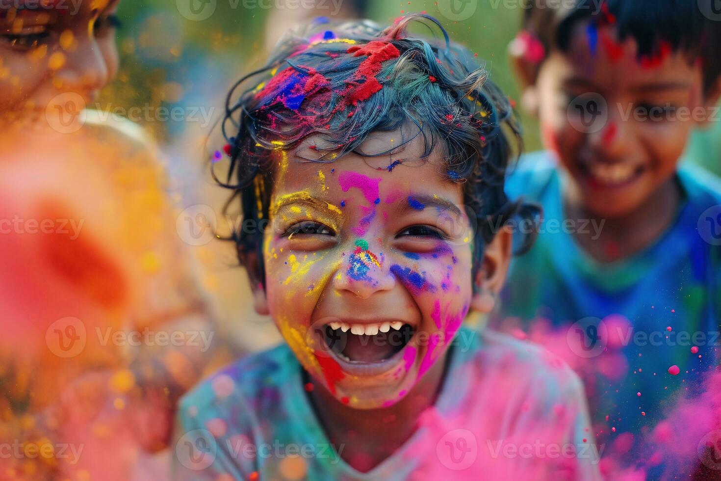 ai generato eccitazione di un' bambini festeggiare il holi Festival foto