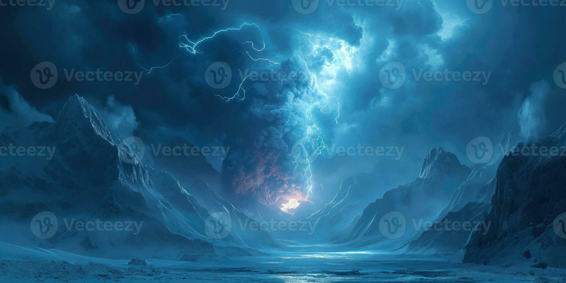 ai generato massiccio vulcanico eruzione con fulmine Impressionante un' colonna di Fumo nel freddo ghiacciato montagne foto