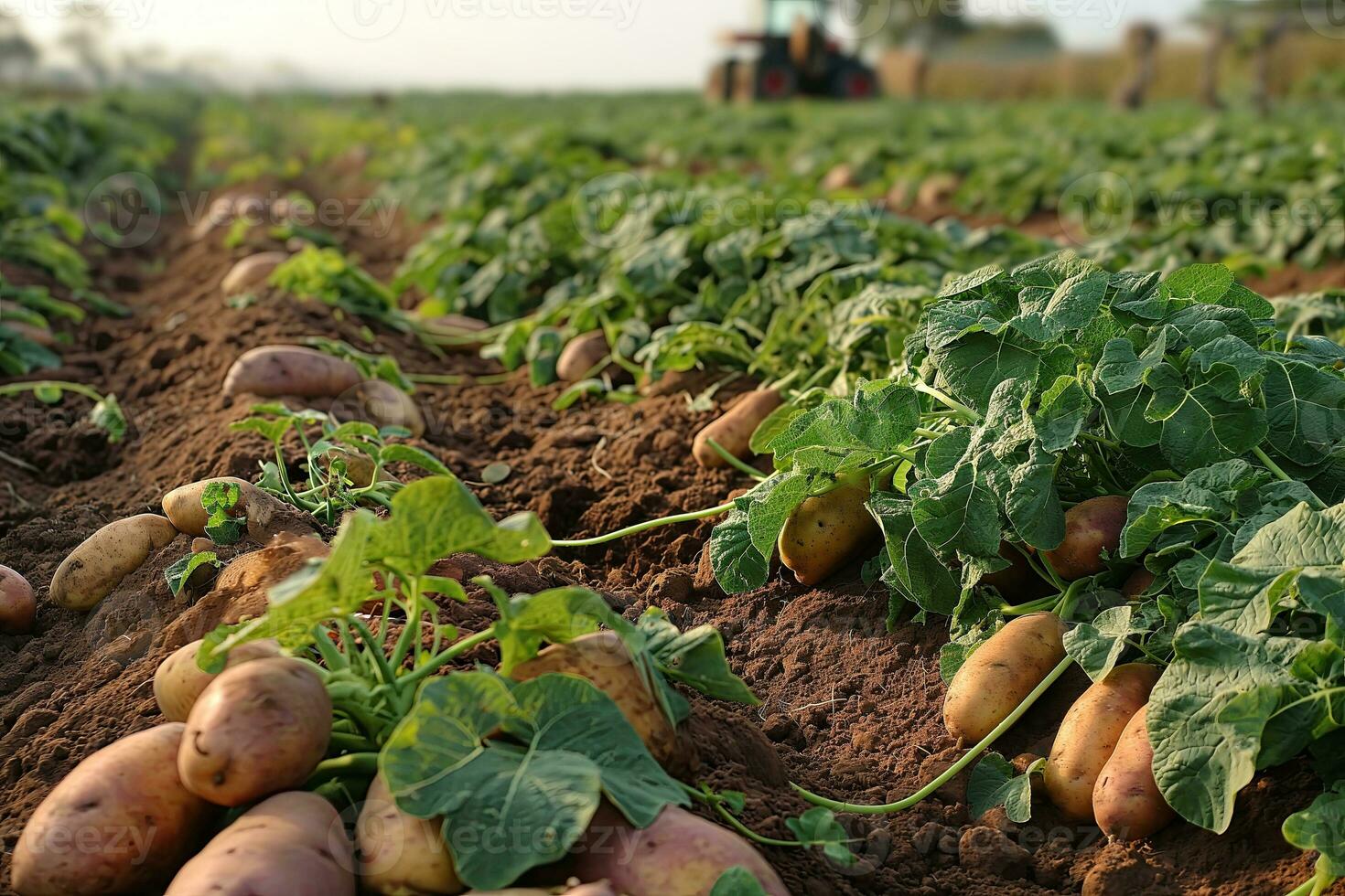 ai generato Patata tuberi nel un' solco su il campo dopo il passaggio di un' Patata scavatrice durante raccolta foto