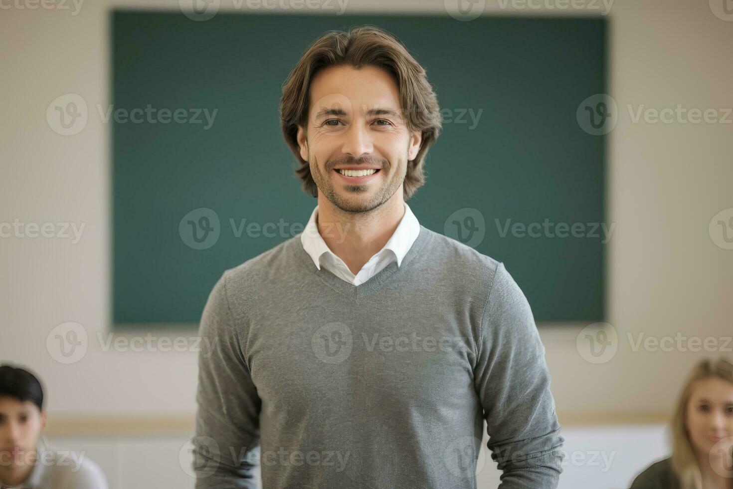 ai generato un' bello maschio insegnante sorrisi nel aula con studenti foto