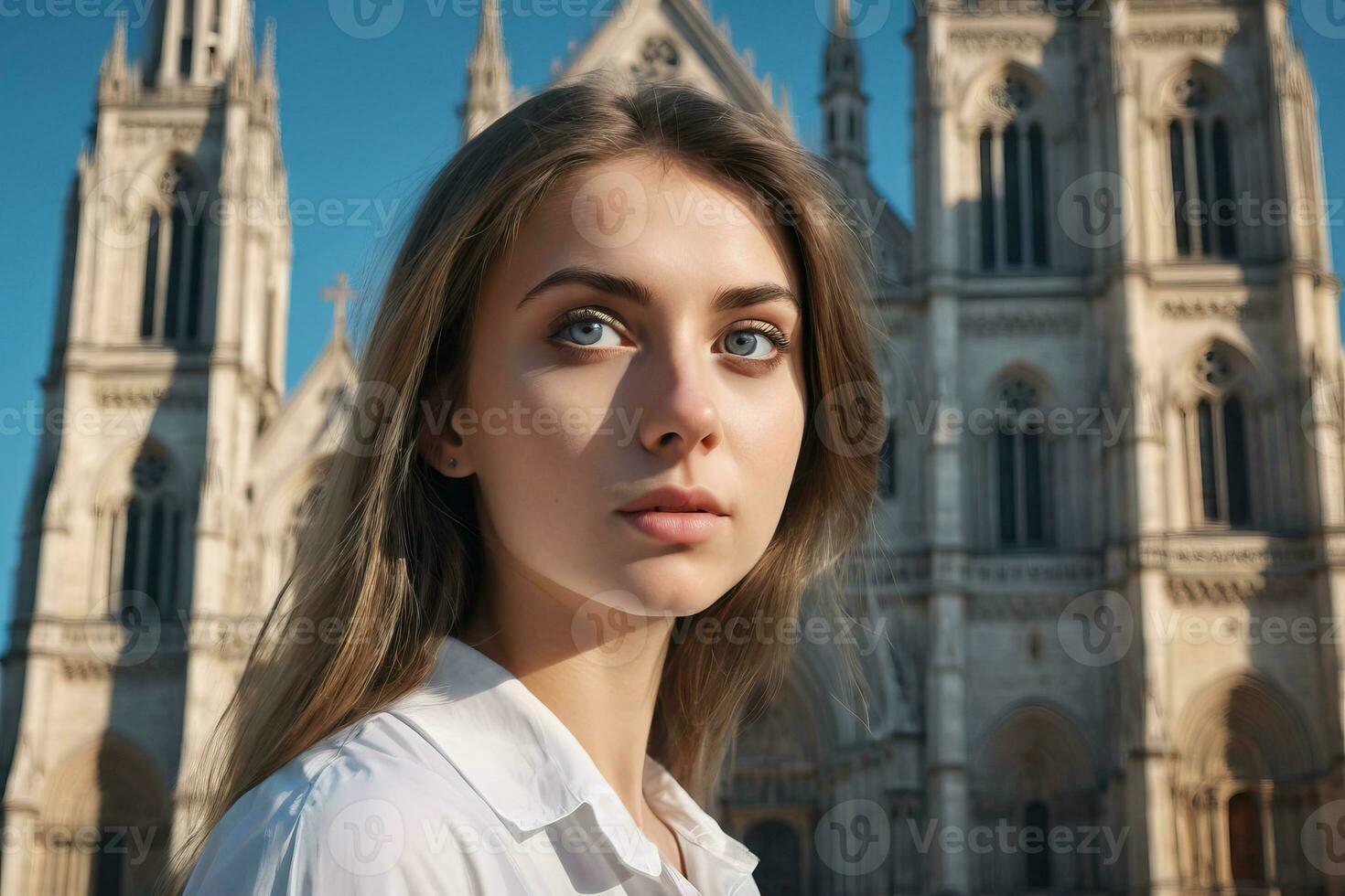 ai generato un' bellissimo giovane donna nel davanti di Cattedrale foto