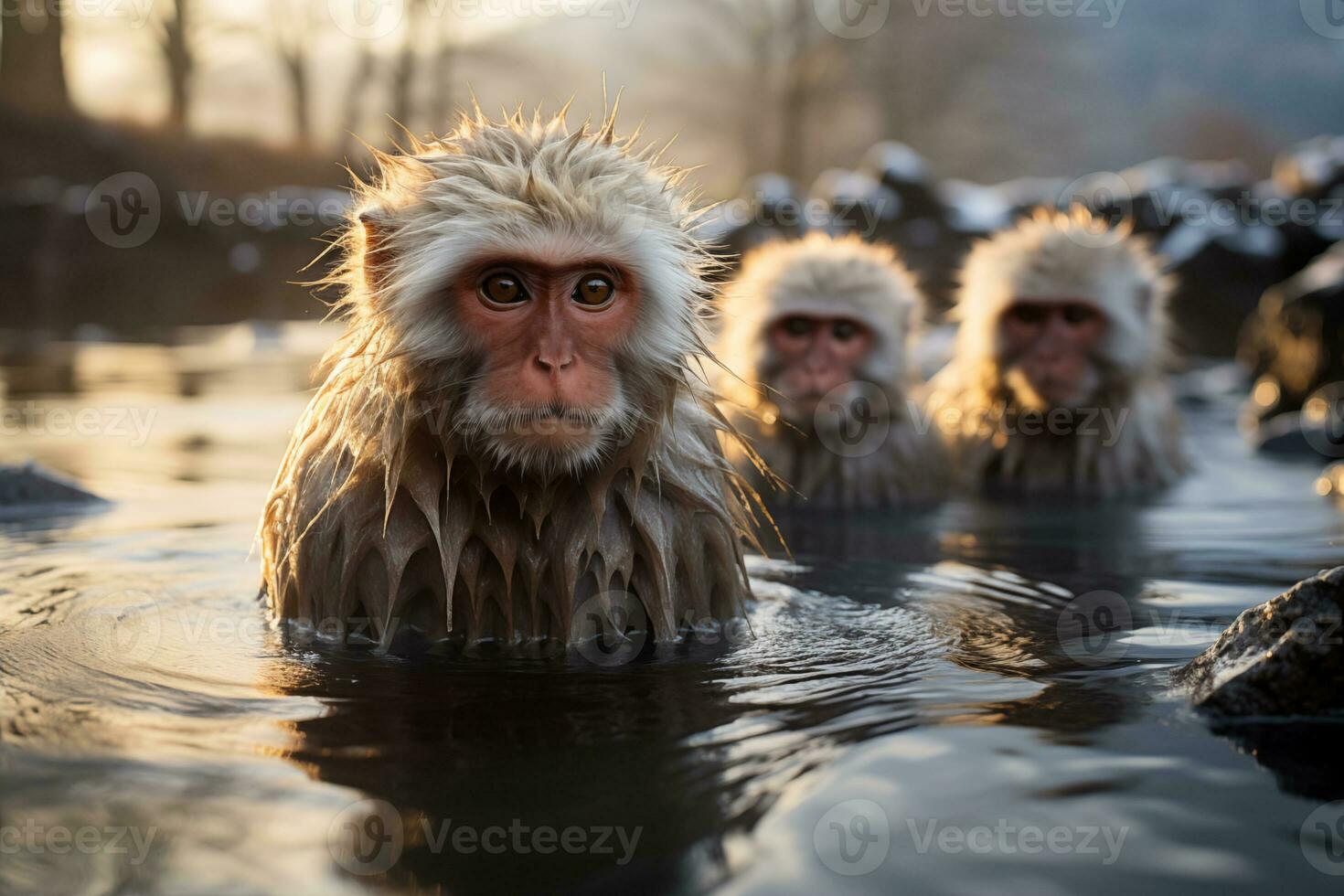 ai generato giovane neve scimmie sedersi nel un' caldo primavera nel inverno foto
