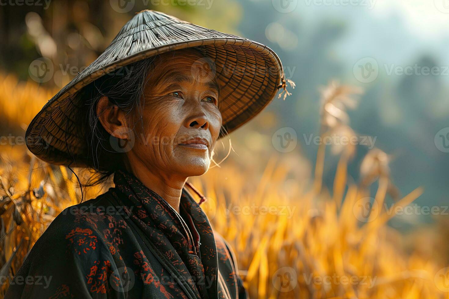 ai generato asiatico rurale donna nel popolare Abiti contro il sfondo di sfocato campo foto