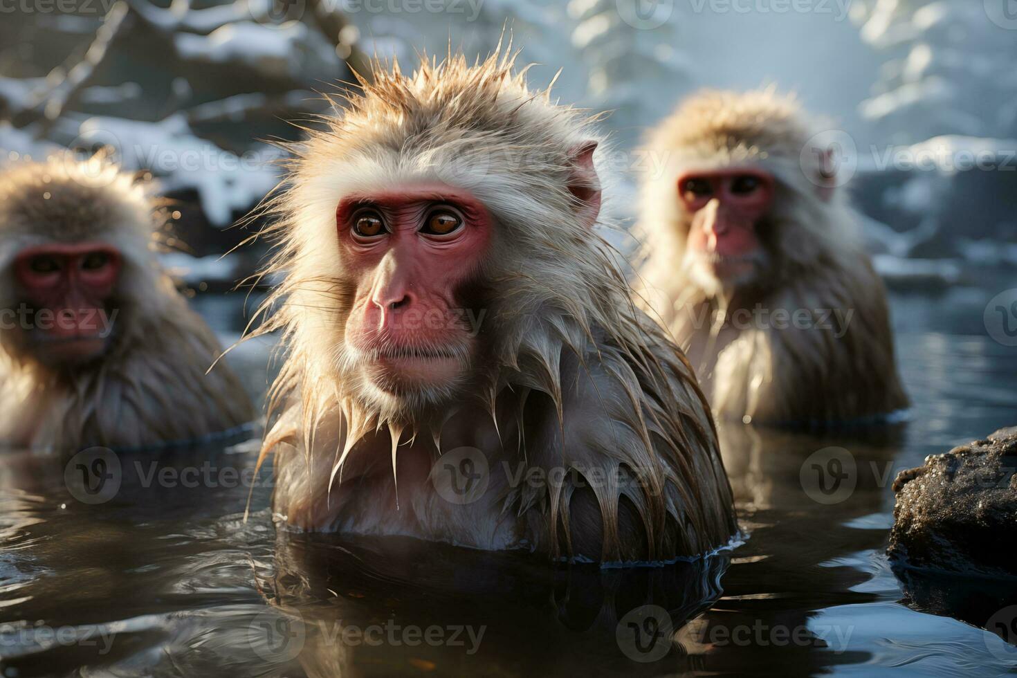 ai generato giapponese macachi sedersi nel un' caldo primavera nel inverno foto