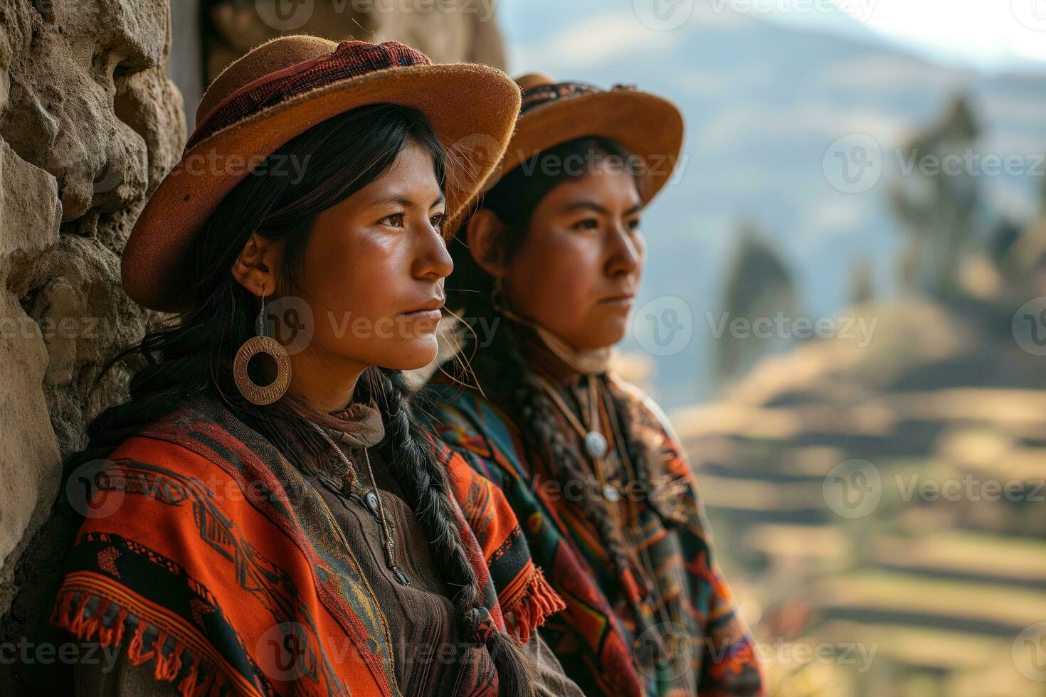 ai generato peruviano persone nel nazionale Abiti contro un' sfondo di montagnoso paesaggio foto