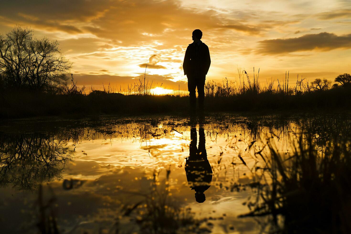 ai generato un' riflessivo fotografia a Alba cattura silhouette contro un' d'oro cielo foto