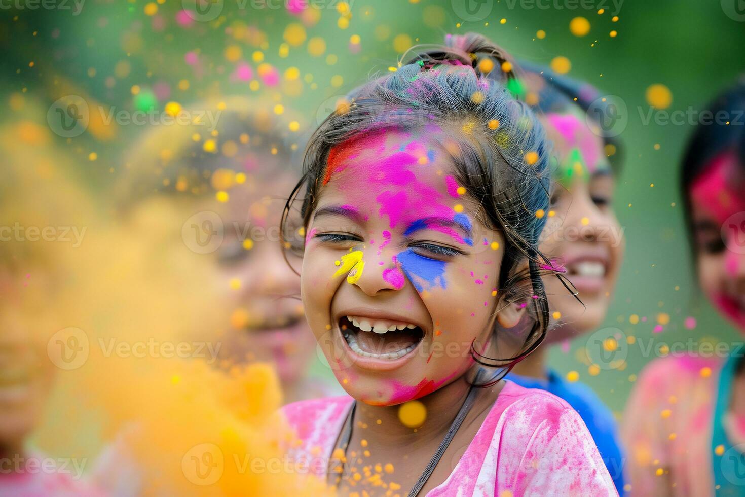ai generato eccitazione di un' bambini festeggiare il holi Festival foto