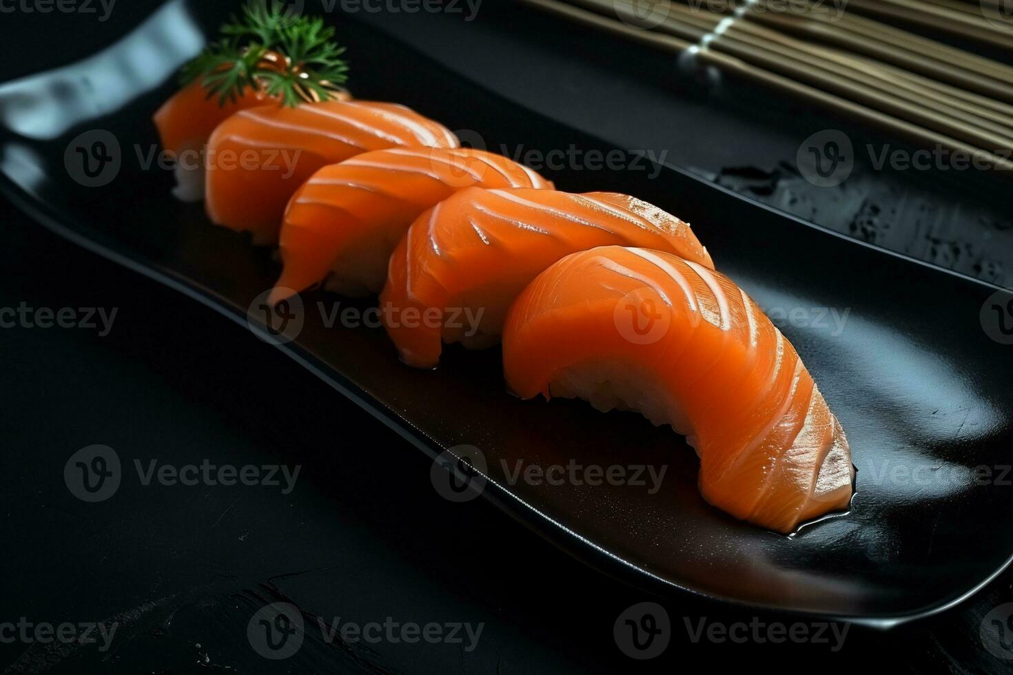 ai generato salmone Sushi su superiore di nero piatto foto