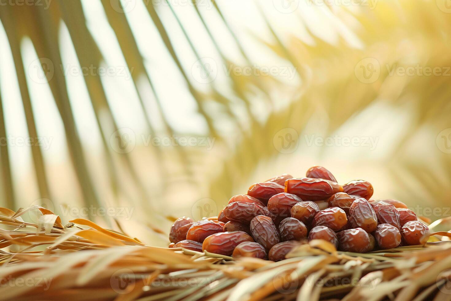 ai generato un' mazzo di fresco date ordinatamente disposte contro un' fondale di Data palme e morbido luce del sole foto