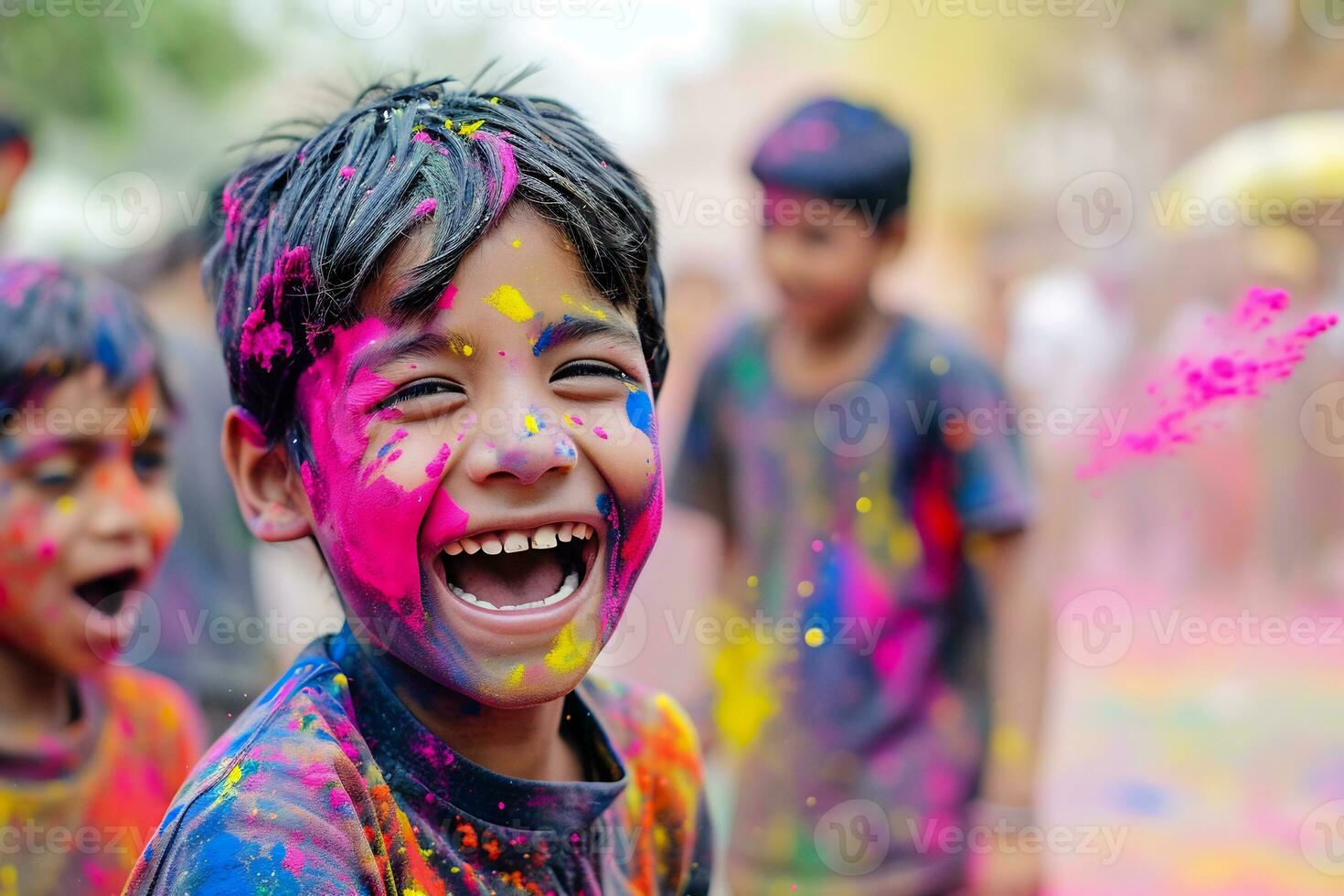 ai generato eccitazione di un' bambini festeggiare il holi Festival foto