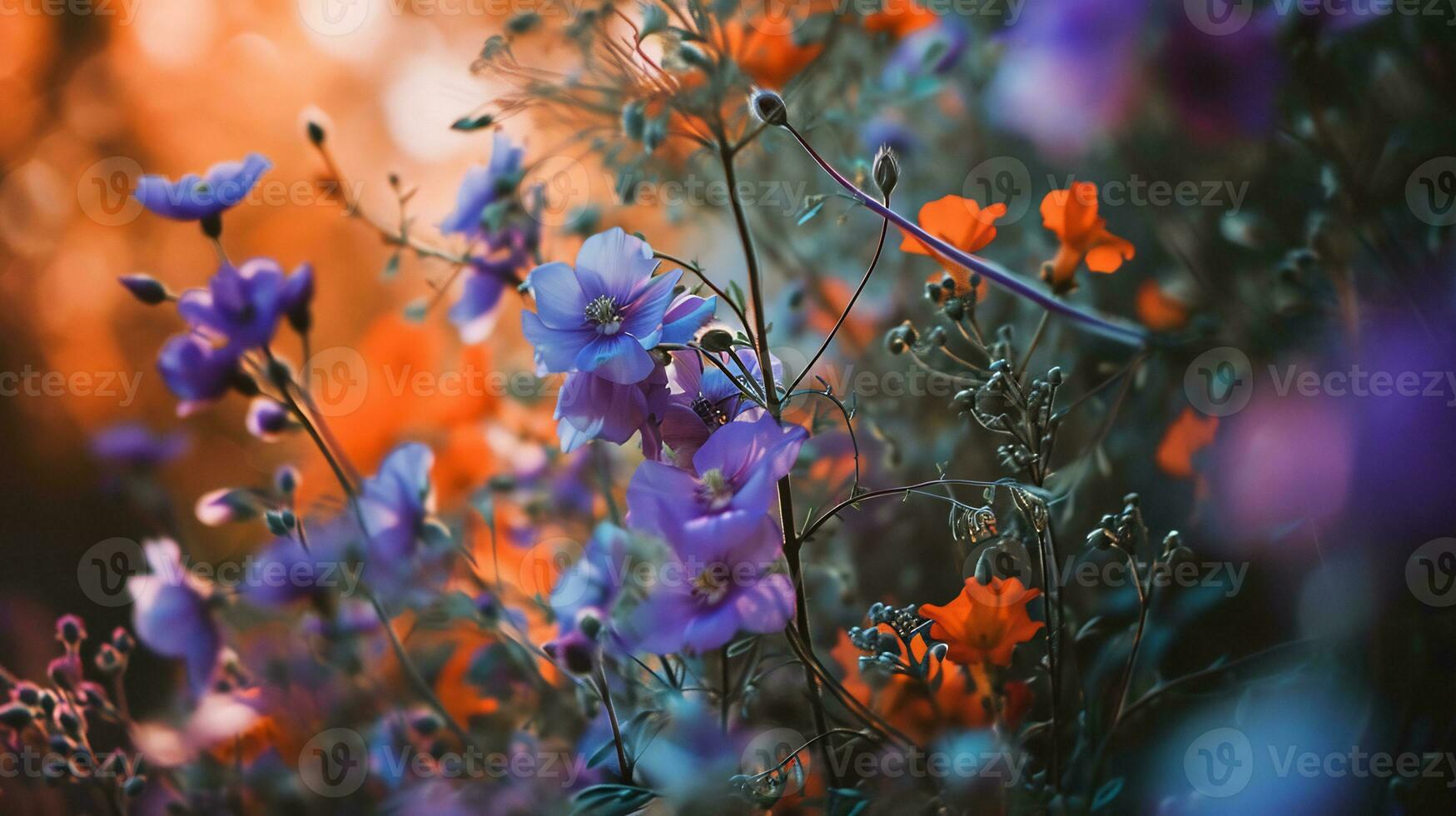 ai generato un' sfocato foto di viola e arancia fiori