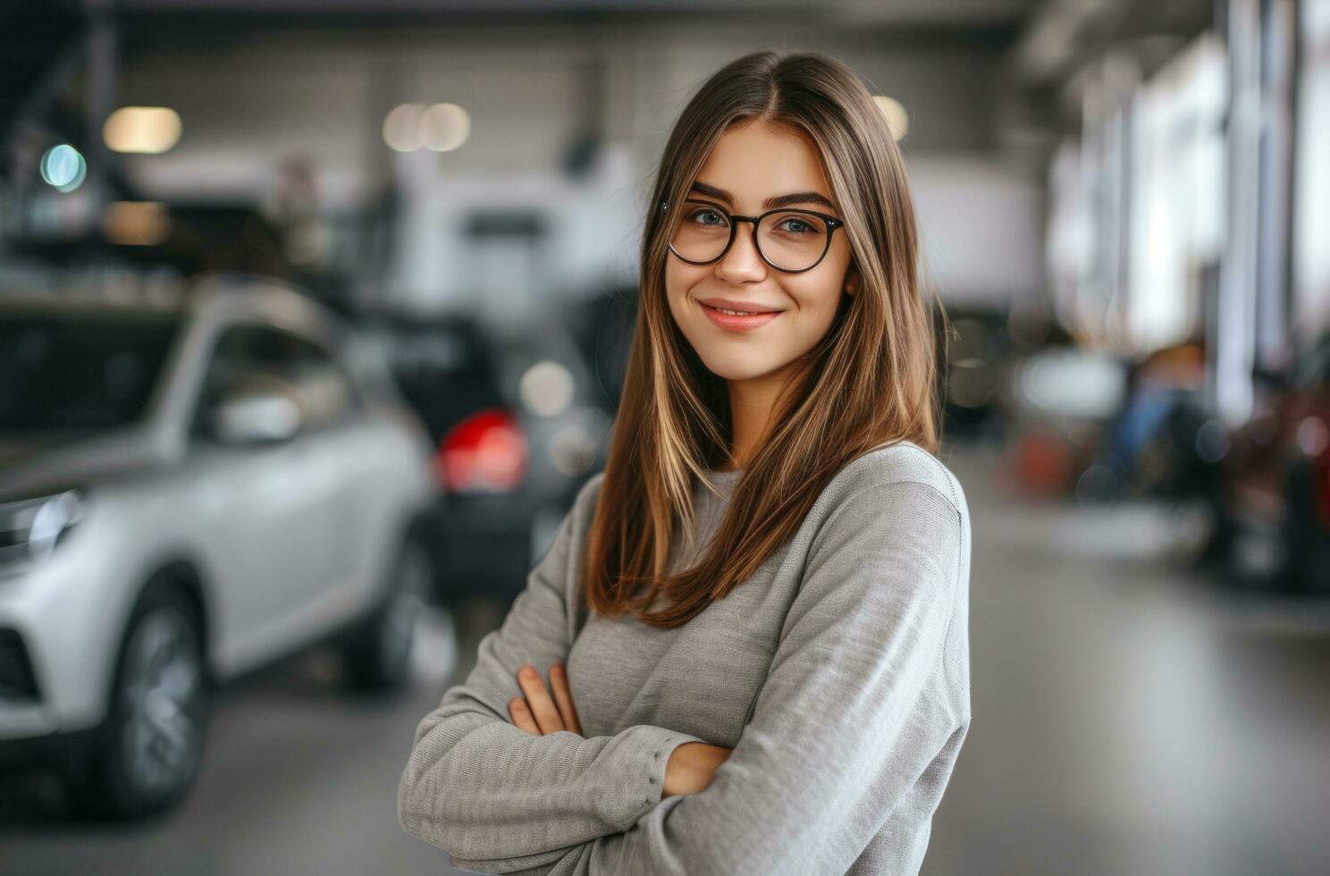 ai generato ragazza sorridente nel il davanti di auto showroom foto